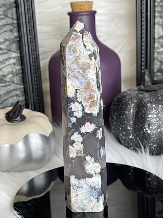 Two Twisted Souls  Crystal Black Flower Agate crystal tower with amazing flowers P