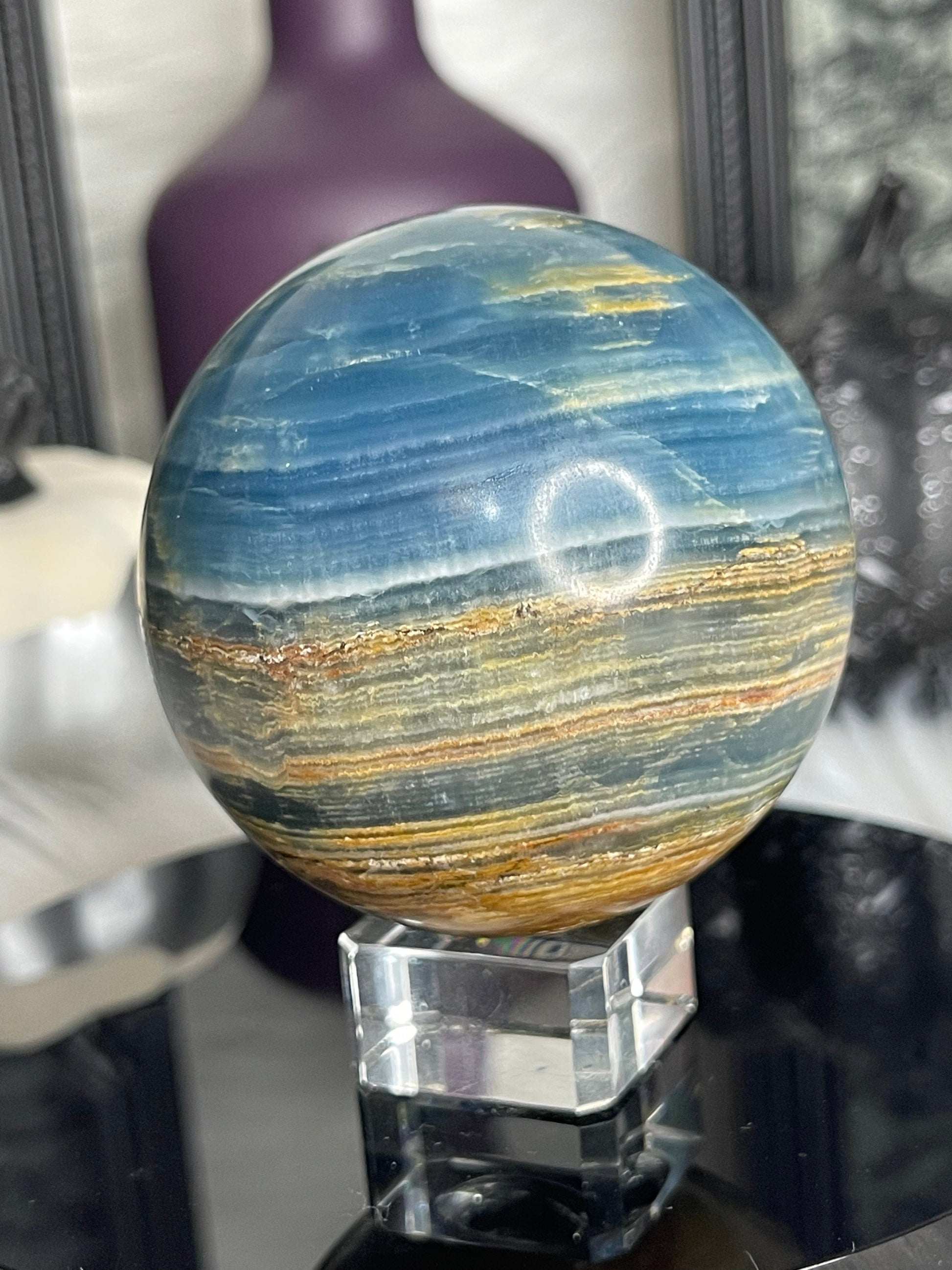 Two Twisted Souls  Crystal Blue Onyx Sphere With Beautiful Banding