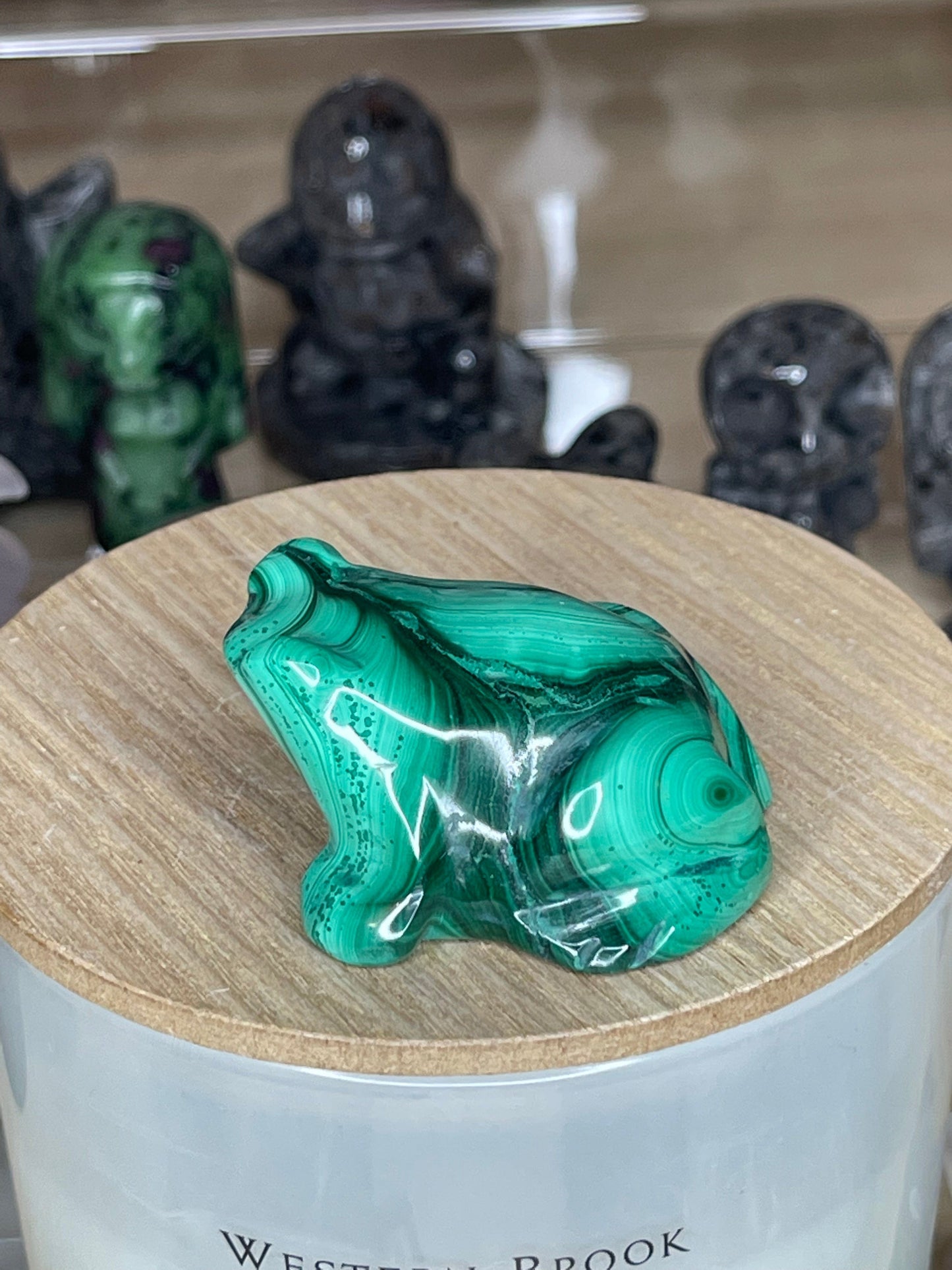 Two Twisted Souls  Crystal Malachite crystal frog carving with stunning banding