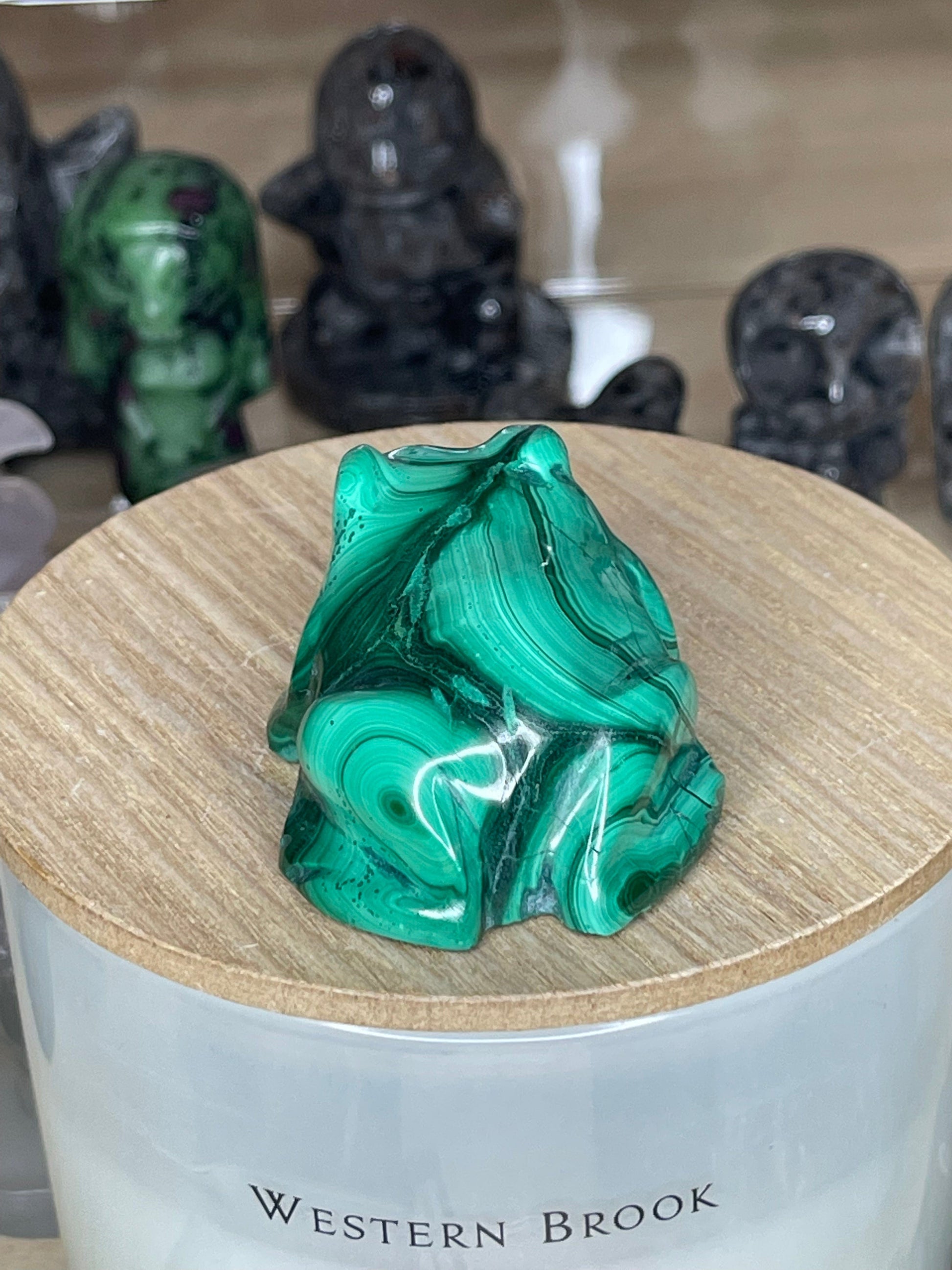 Two Twisted Souls  Crystal Malachite crystal frog carving with stunning banding