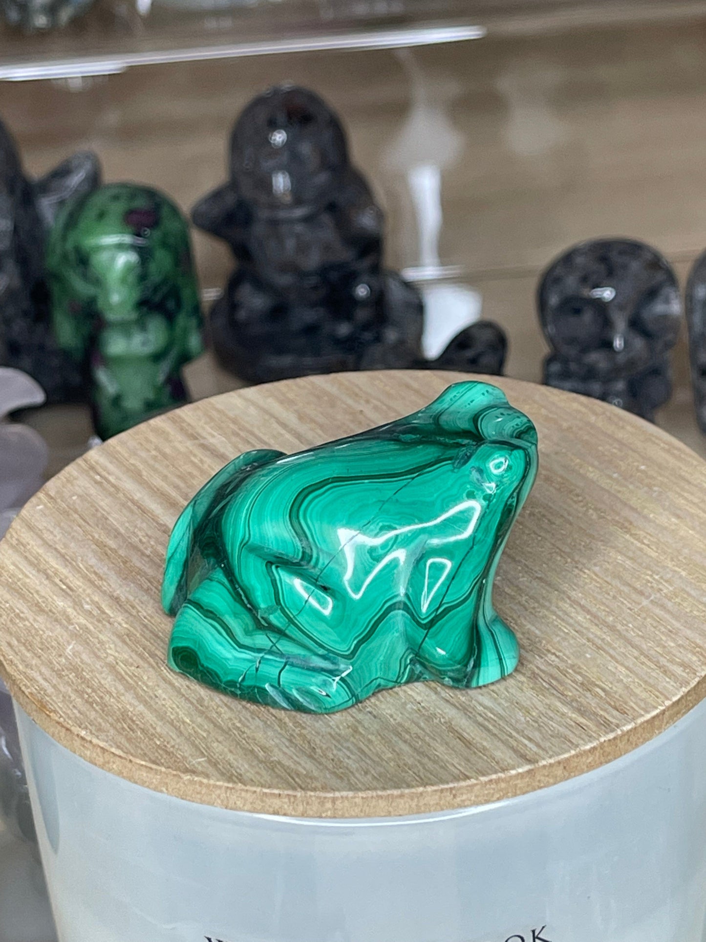 Two Twisted Souls  Crystal Malachite crystal frog carving with stunning banding