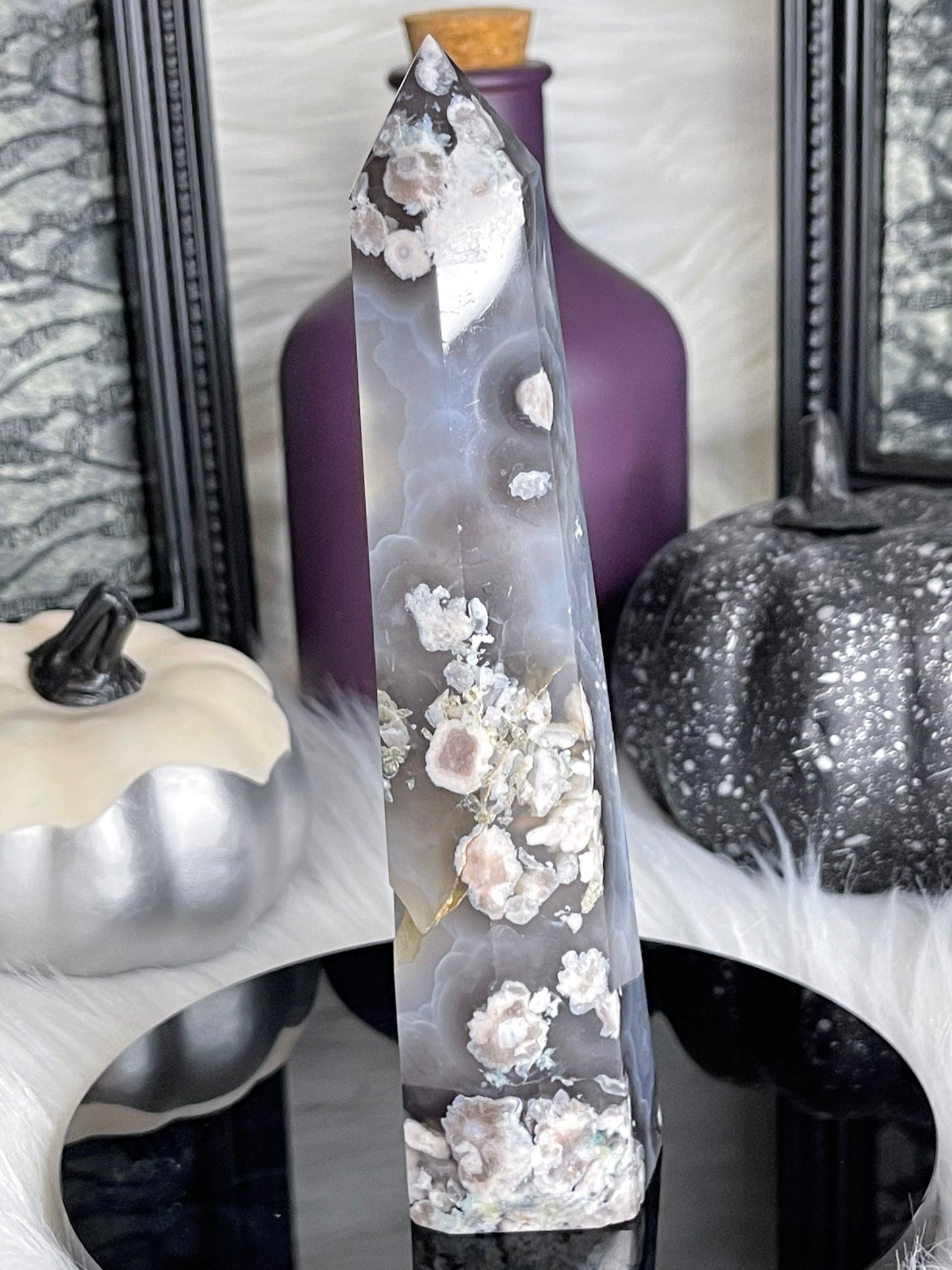 Two Twisted Souls  Crystals Black Flower Agate tower with beautiful banding and flowers L