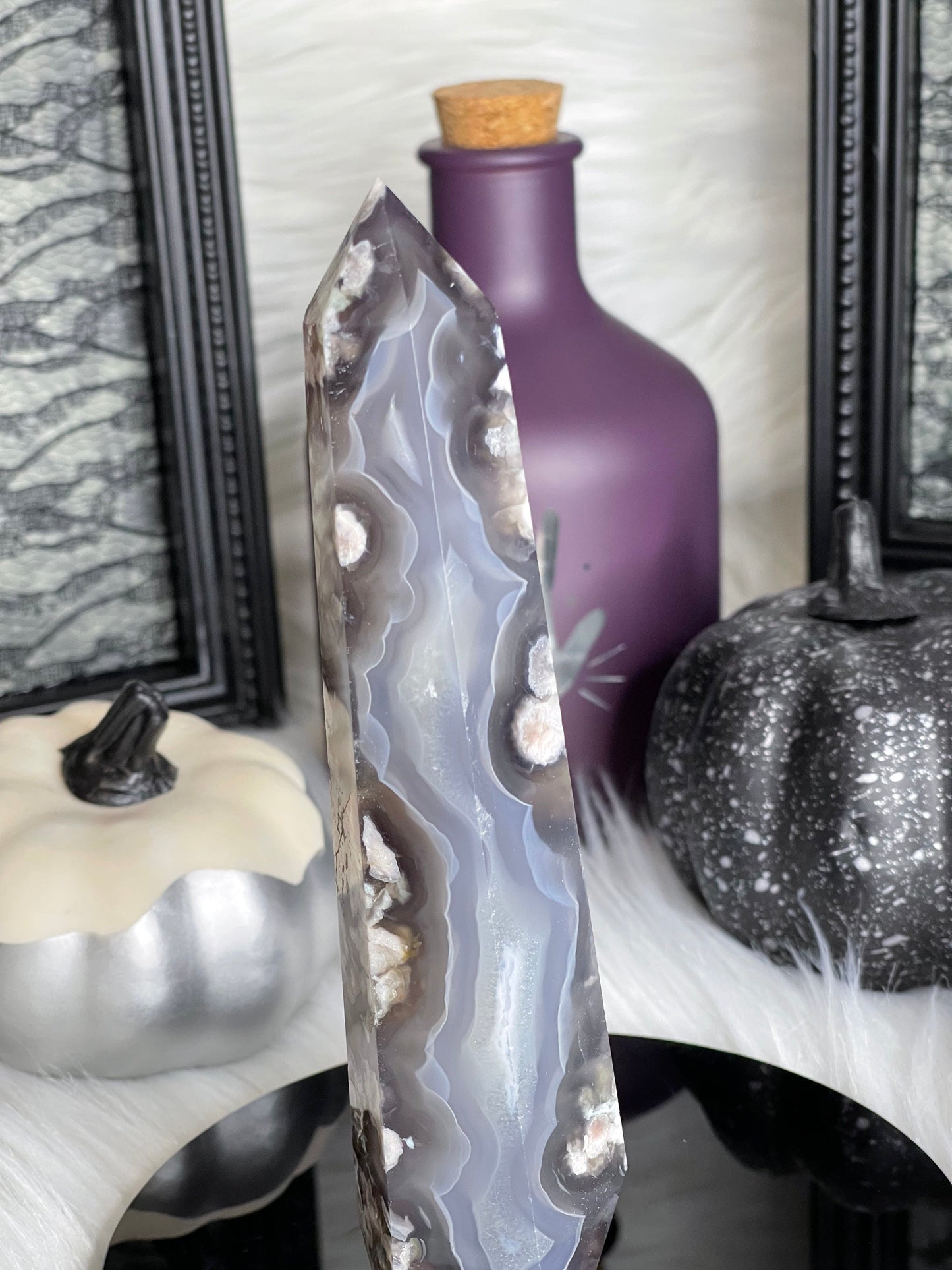 Two Twisted Souls  Crystals Black Flower Agate tower with beautiful banding and flowers L