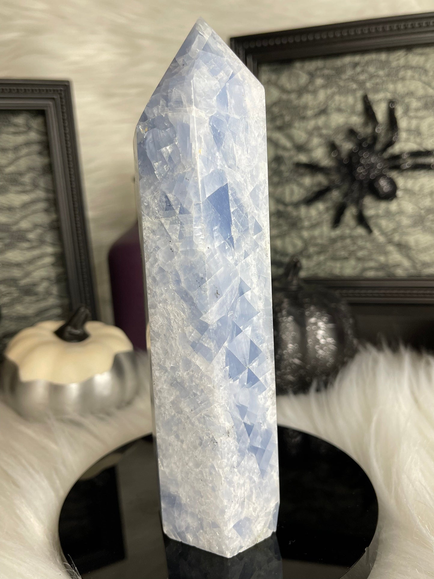 Two Twisted Souls  Crystals Blue Calcite crystal tower with tiny rainbows B