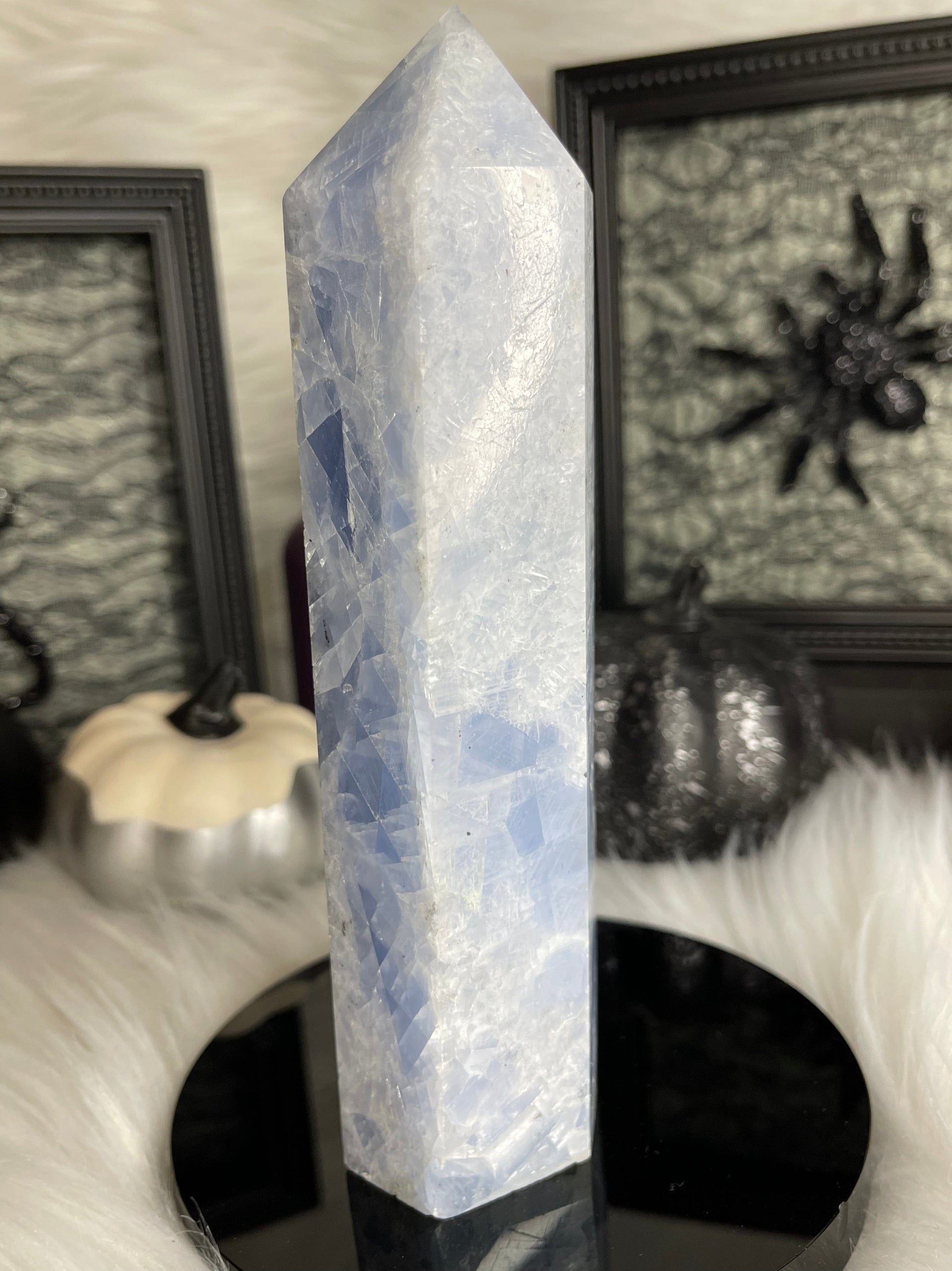 Two Twisted Souls  Crystals Blue Calcite crystal tower with tiny rainbows B