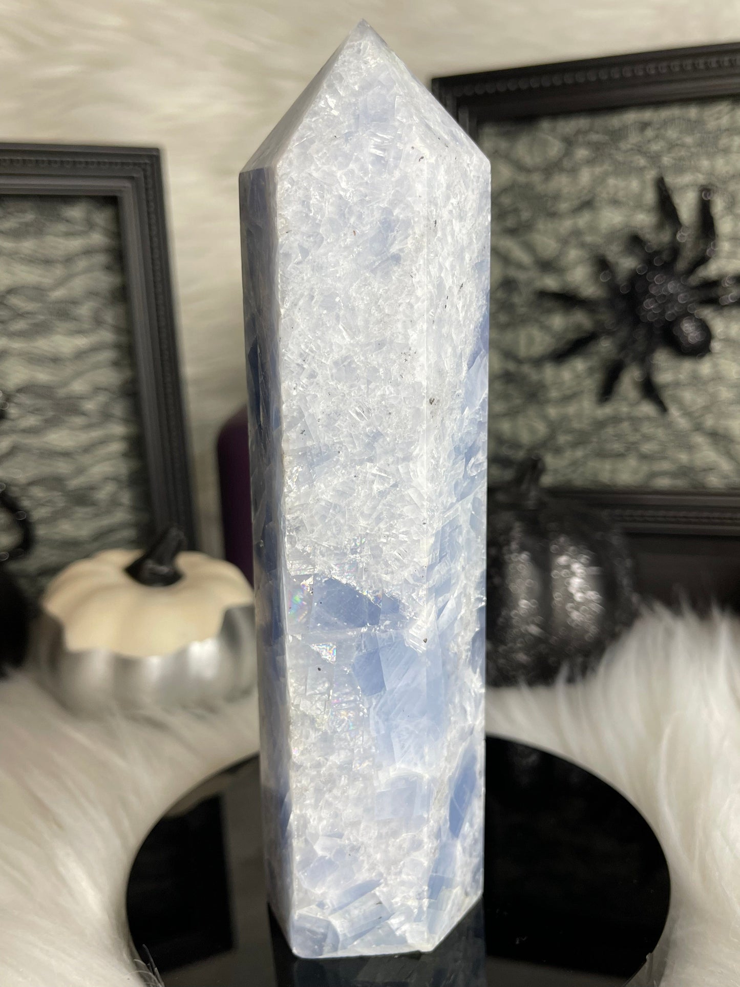 Two Twisted Souls  Crystals Blue Calcite crystal tower with tiny rainbows B