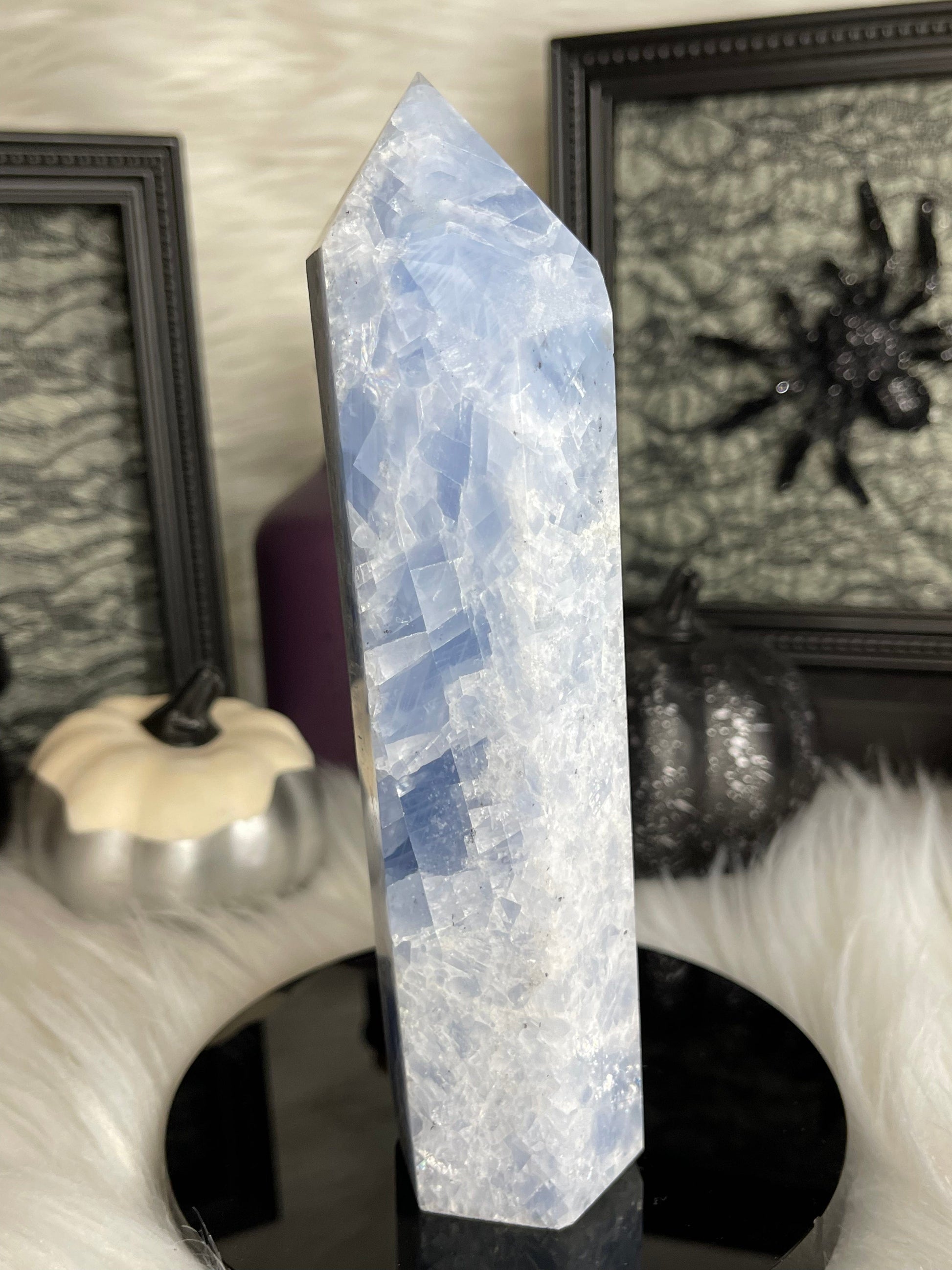 Two Twisted Souls  Crystals Blue Calcite crystal tower with tiny rainbows B