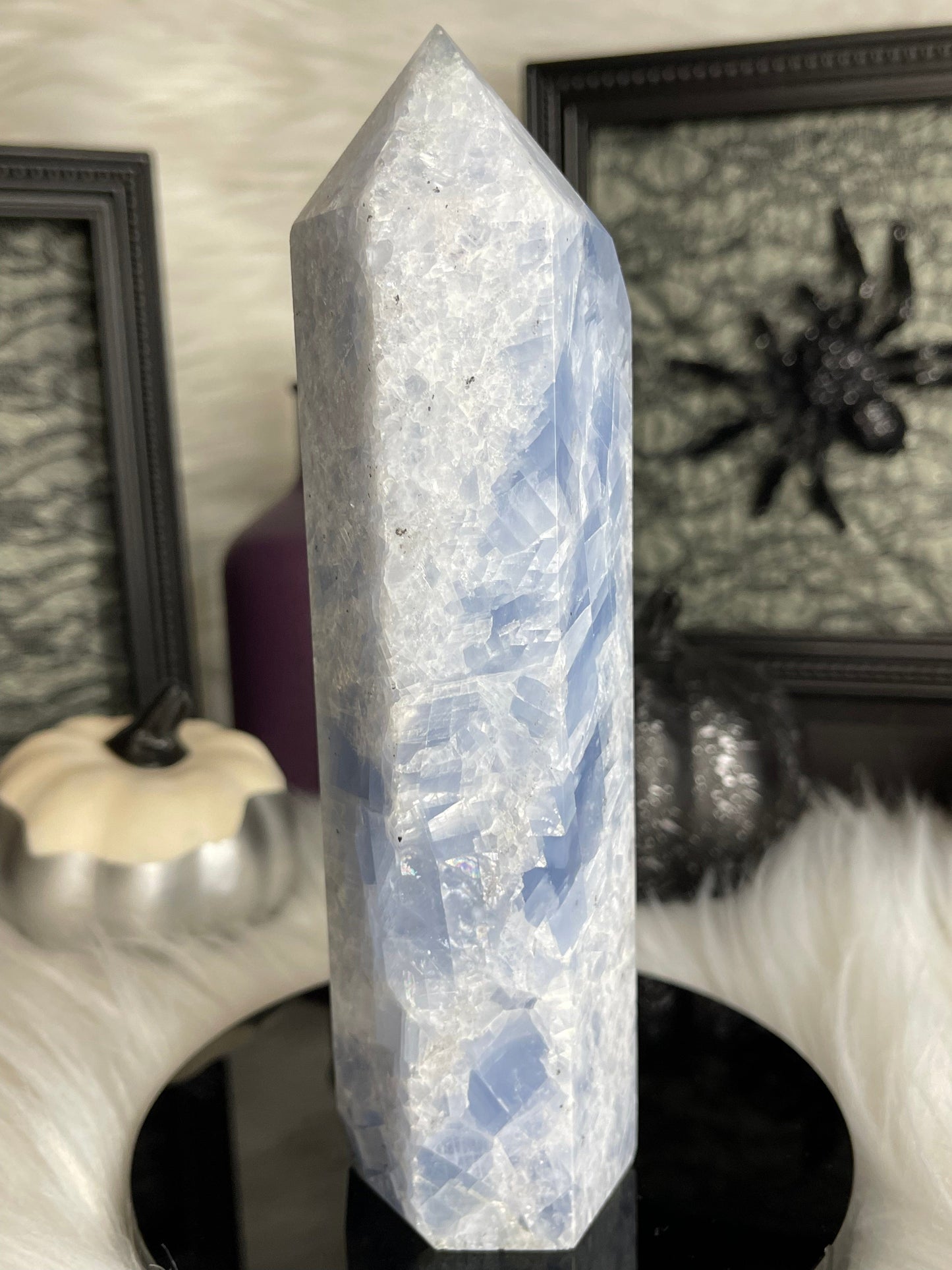 Two Twisted Souls  Crystals Blue Calcite crystal tower with tiny rainbows B