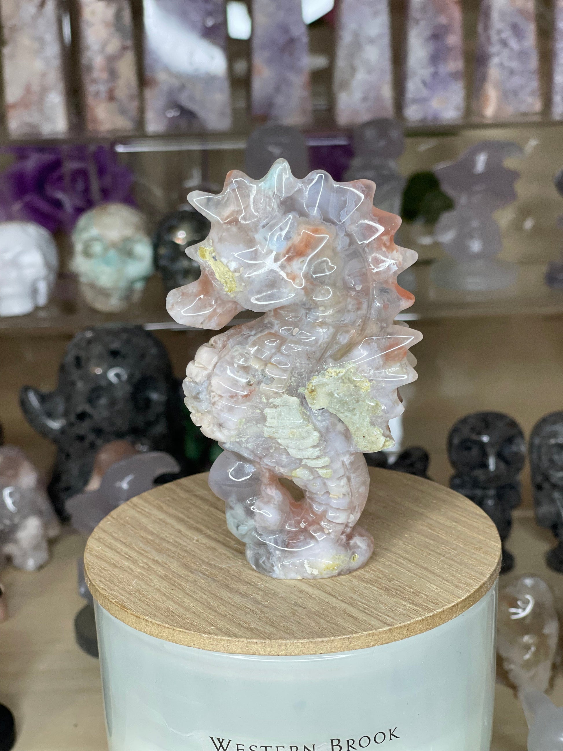 Two Twisted Souls  Crystals Flower Agate seahorse crystal carving