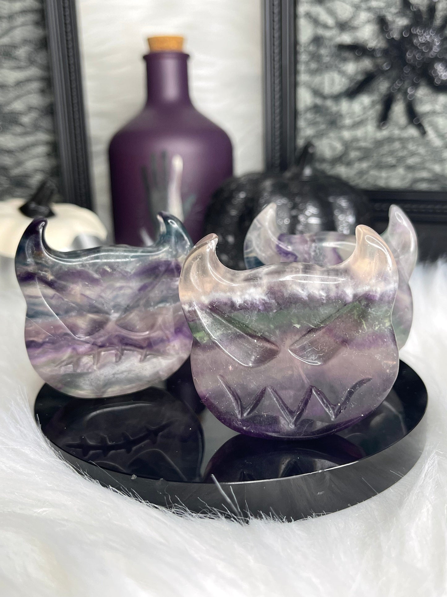 Two Twisted Souls  Crystals Fluorite Devil Face Carving ONE Random Fluorite Devil Face Will Be Sent