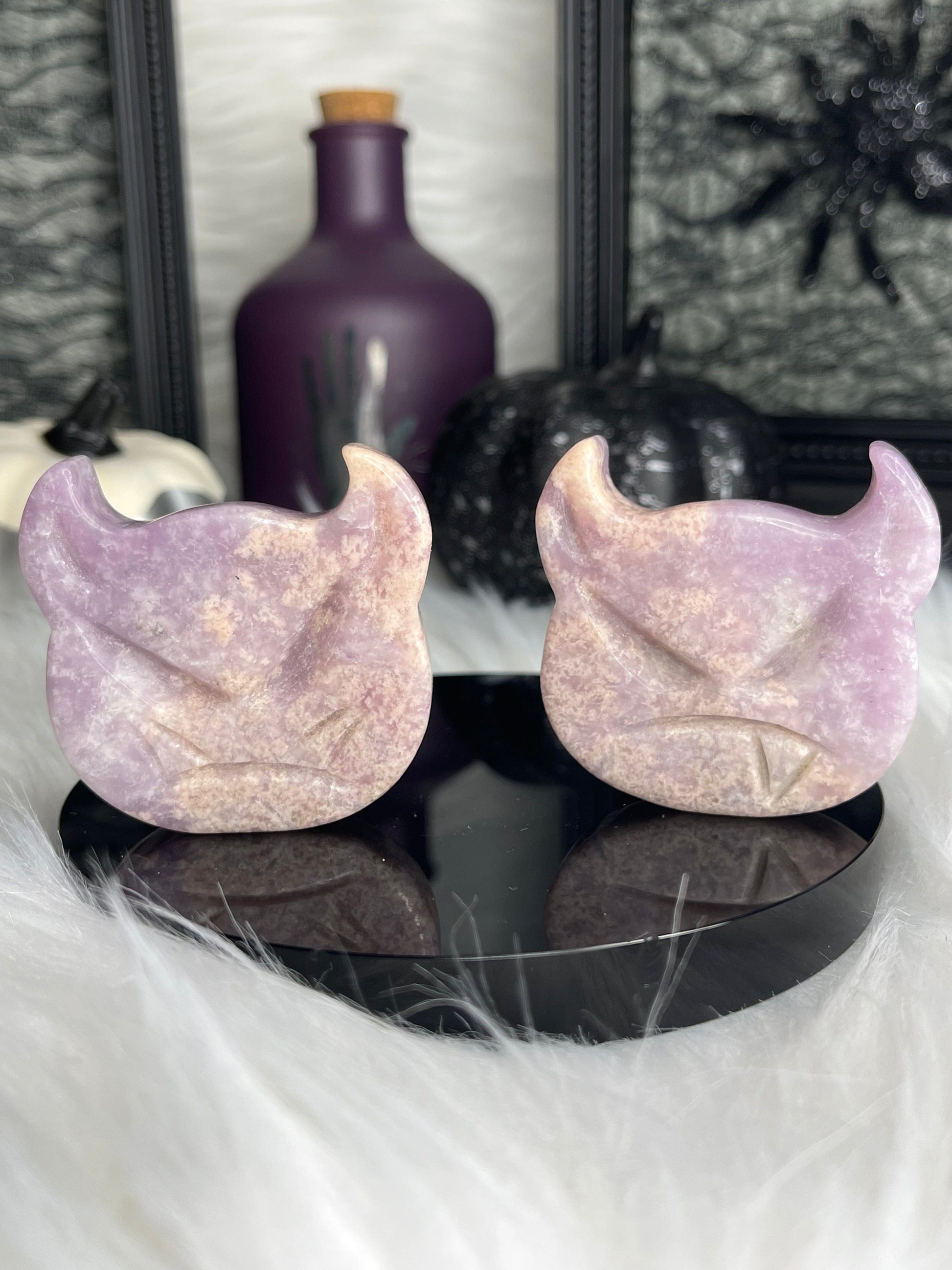 Two Twisted Souls  Crystals Lepidolite with Peach Moonstone Devil Face carving listing is for ONE