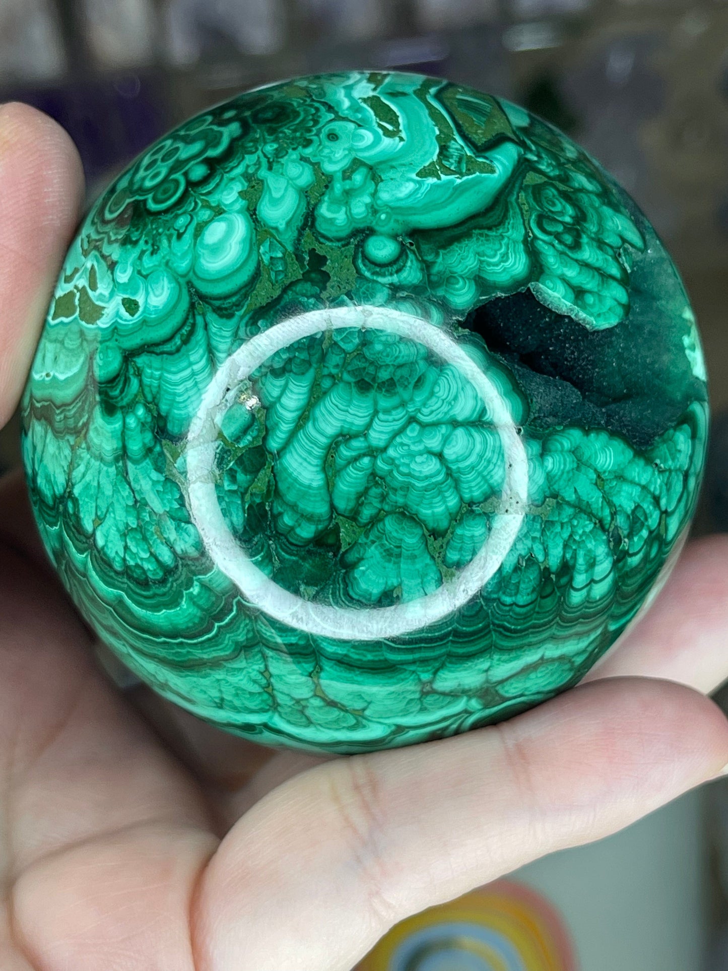 Two Twisted Souls  Crystals Malachite Sphere With Stunning Banding & Druzy