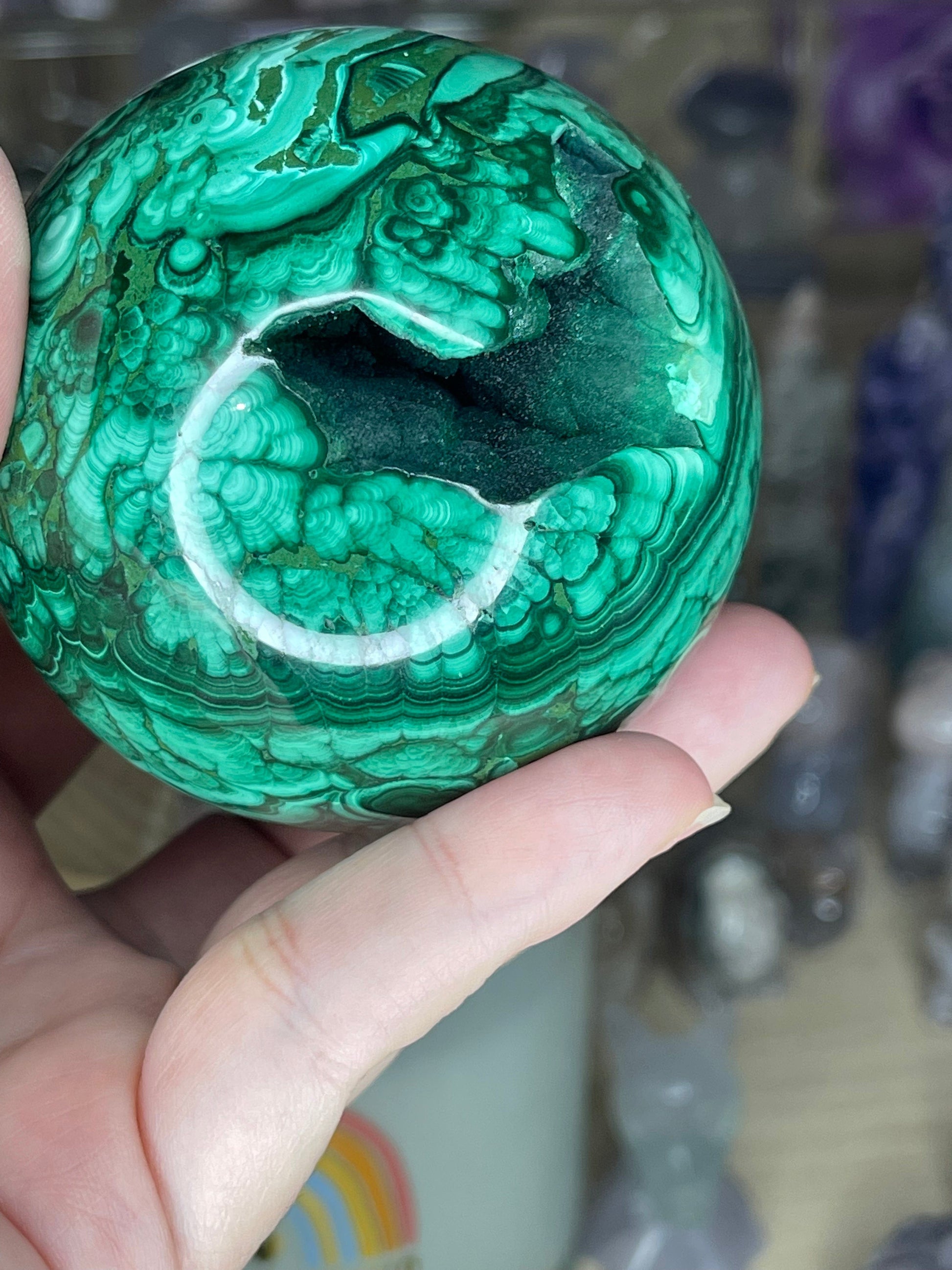 Two Twisted Souls  Crystals Malachite Sphere With Stunning Banding & Druzy