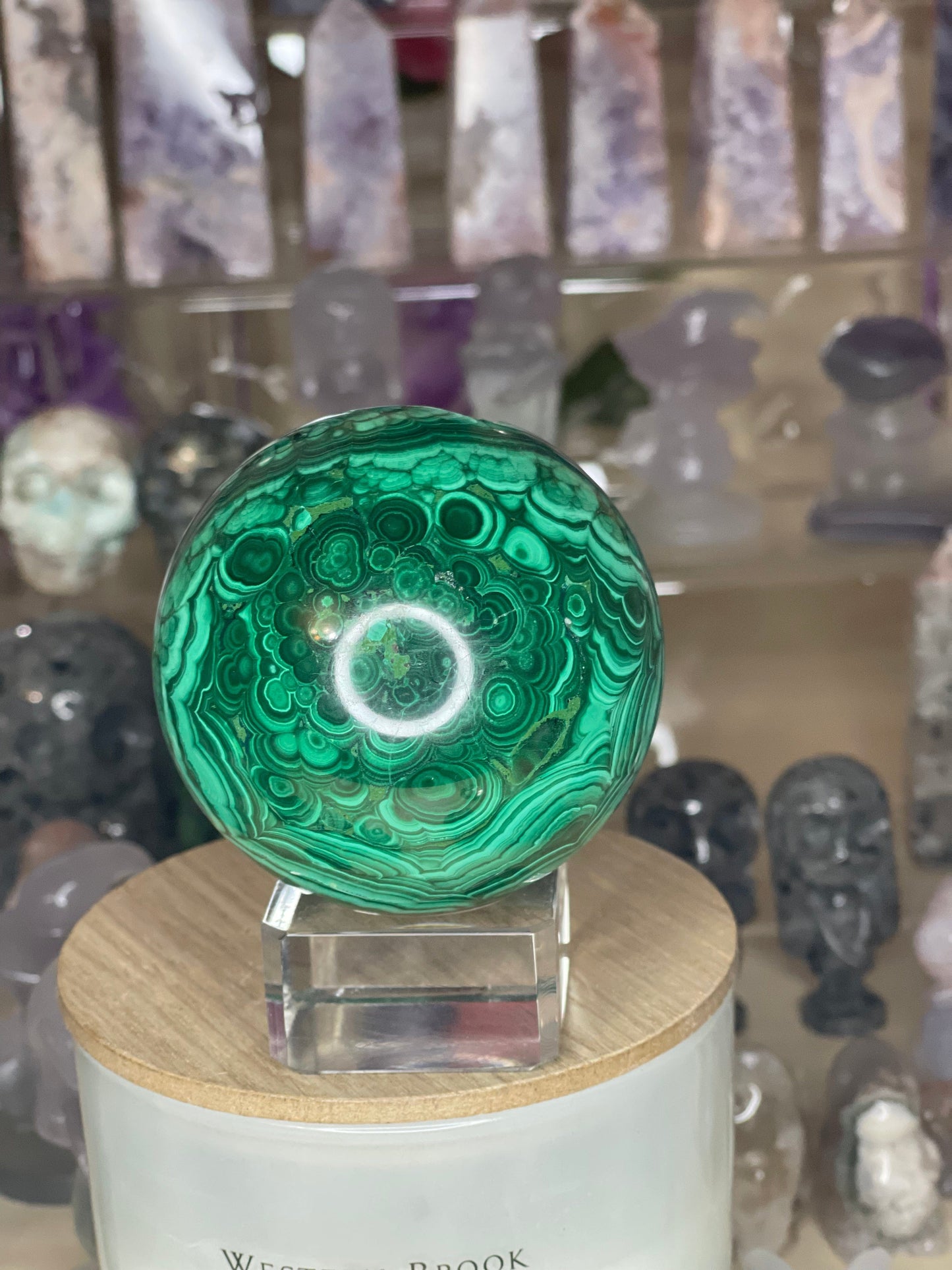 Two Twisted Souls  Crystals Malachite Sphere With Stunning Banding & Druzy