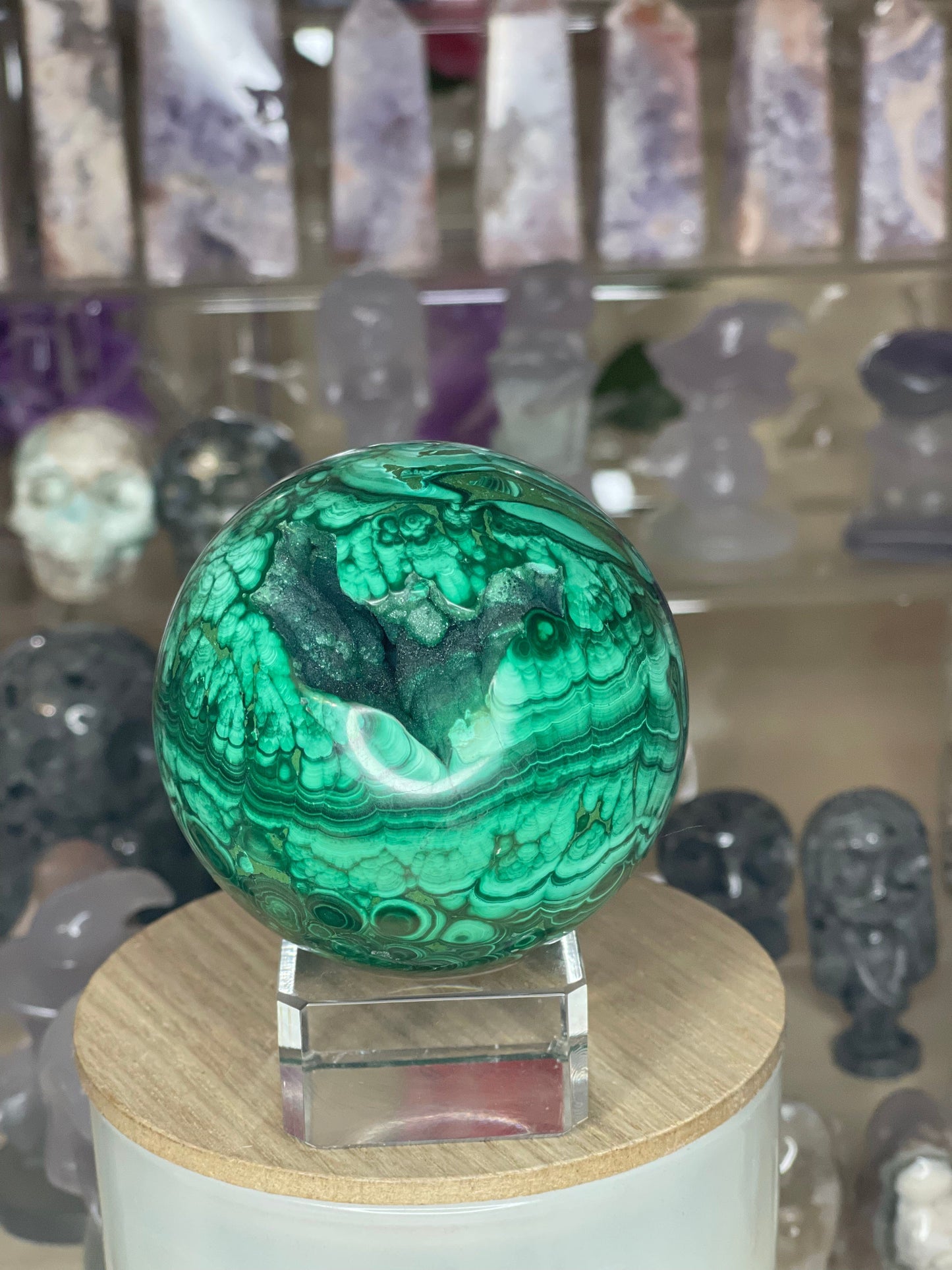 Two Twisted Souls  Crystals Malachite Sphere With Stunning Banding & Druzy