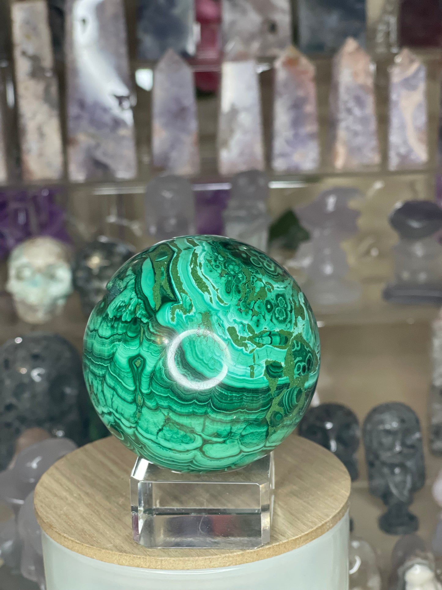 Two Twisted Souls  Crystals Malachite Sphere With Stunning Banding & Druzy