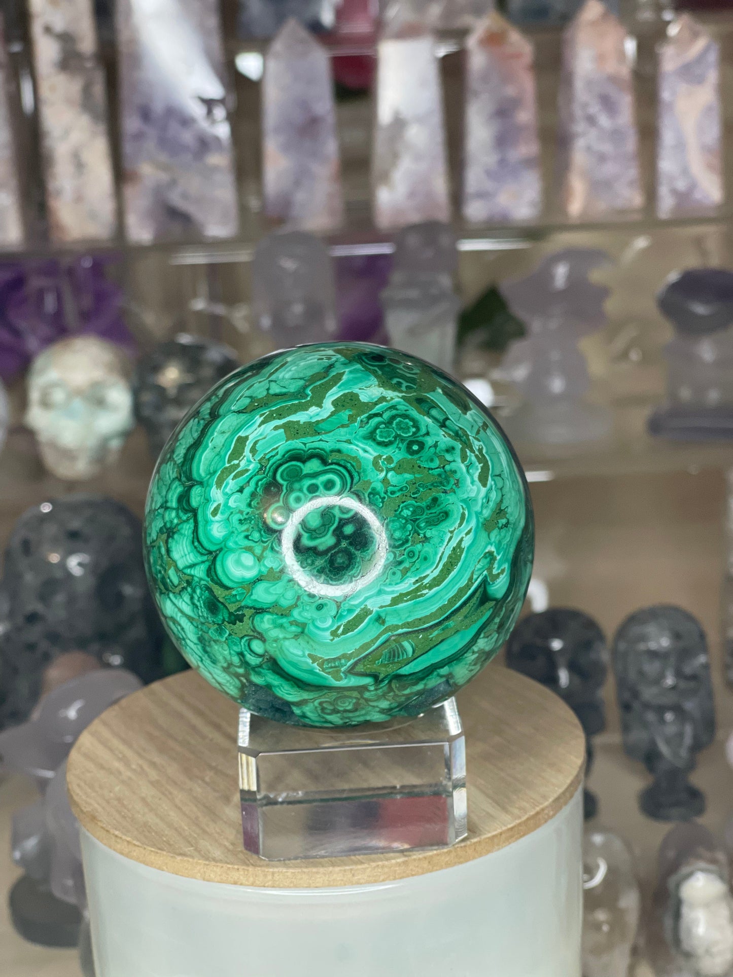 Two Twisted Souls  Crystals Malachite Sphere With Stunning Banding & Druzy