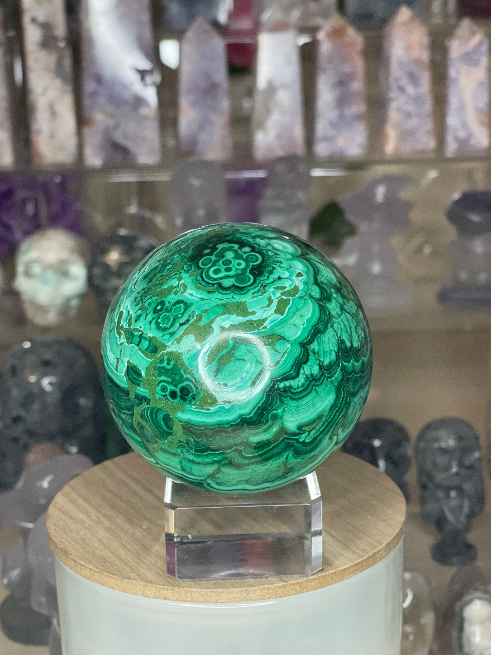 Two Twisted Souls  Crystals Malachite Sphere With Stunning Banding & Druzy