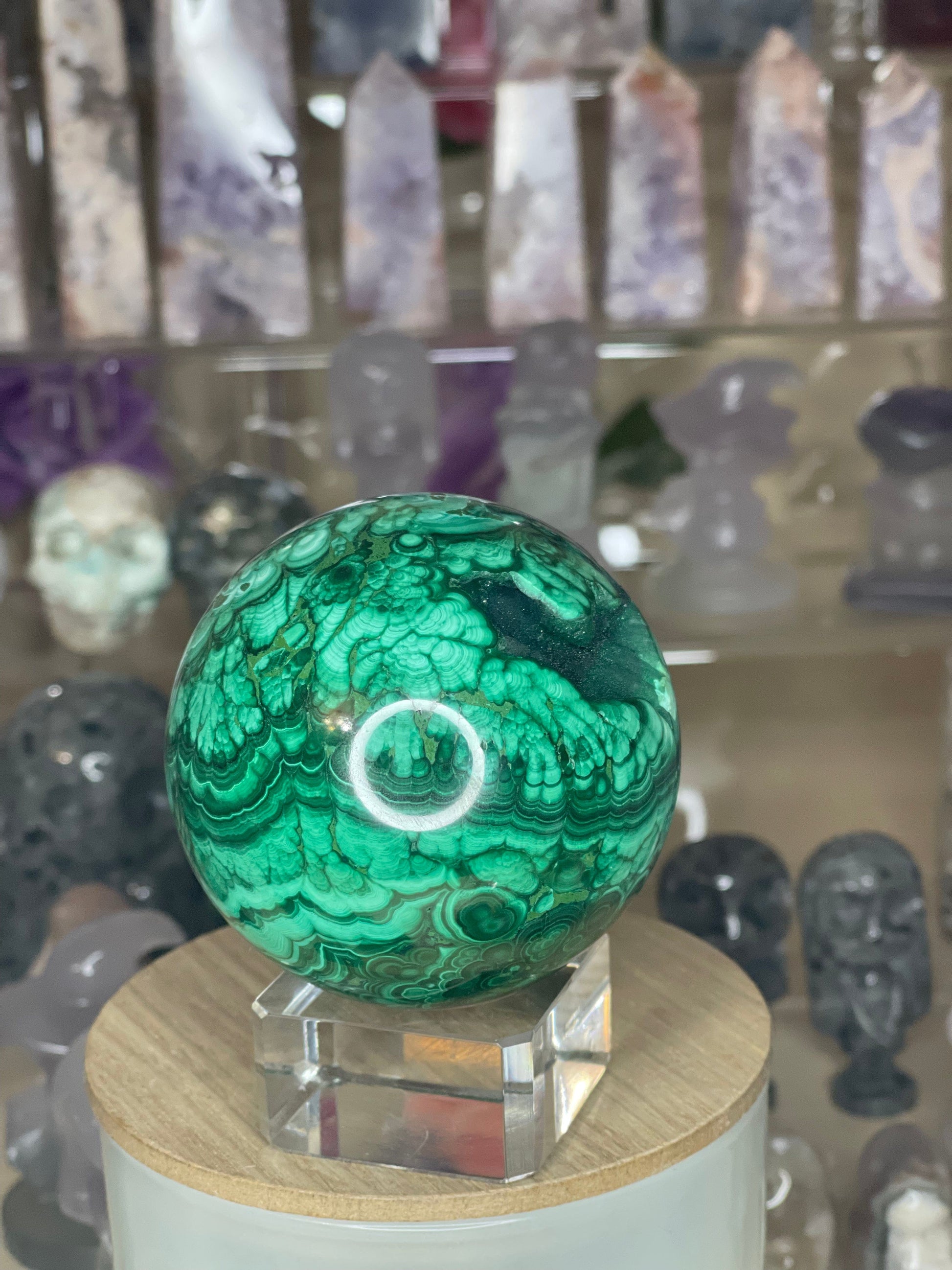 Two Twisted Souls  Crystals Malachite Sphere With Stunning Banding & Druzy