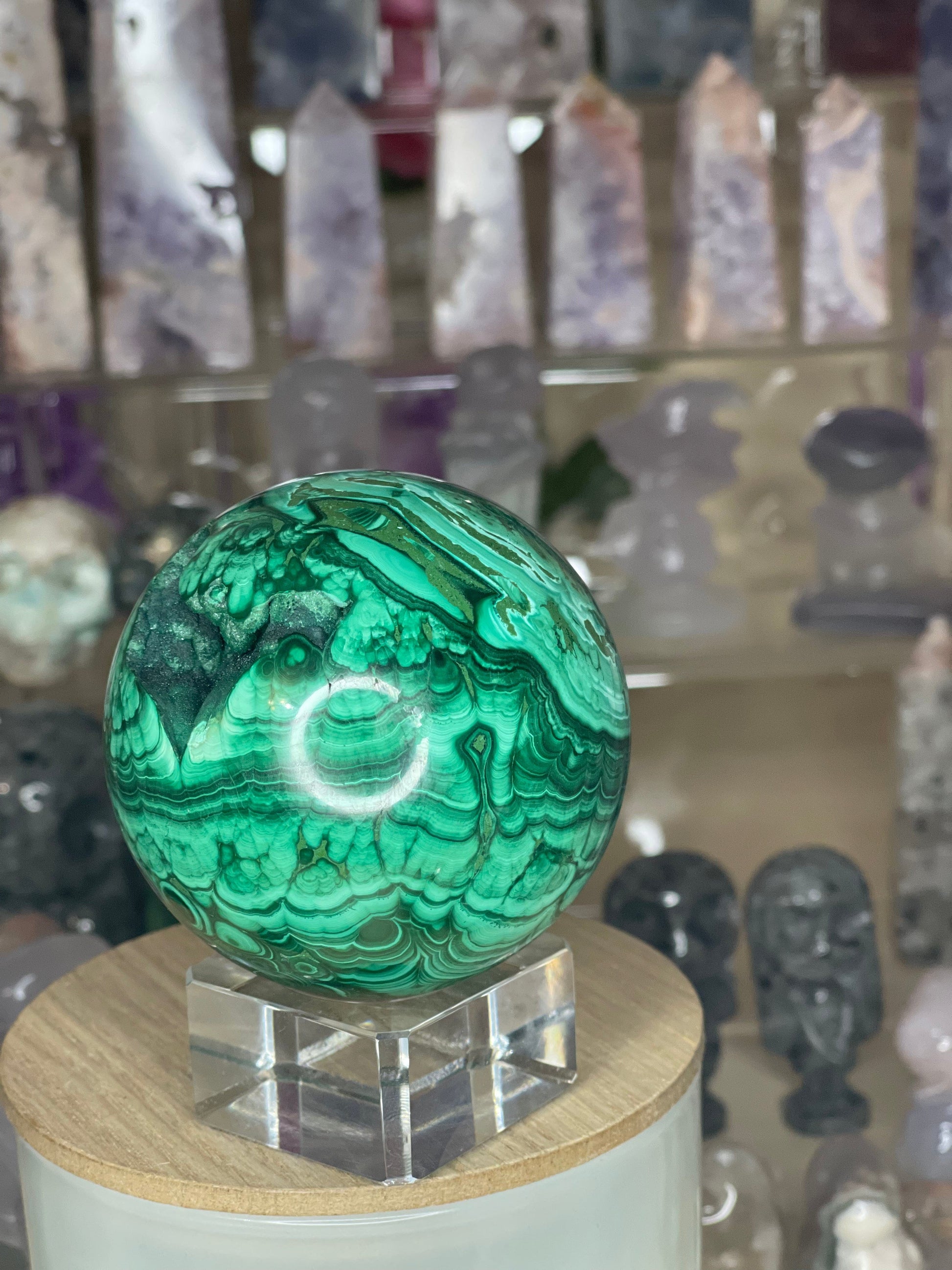 Two Twisted Souls  Crystals Malachite Sphere With Stunning Banding & Druzy