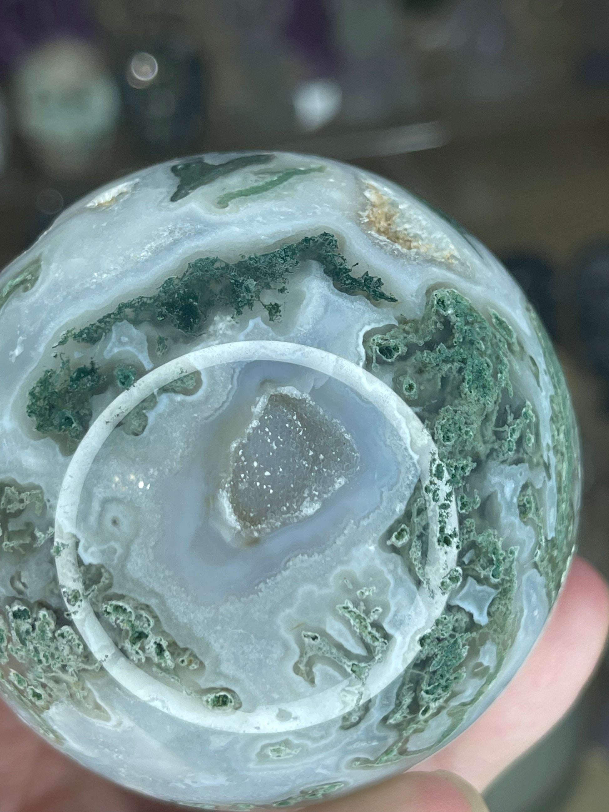 Two Twisted Souls  Crystals Moss Agate Sphere