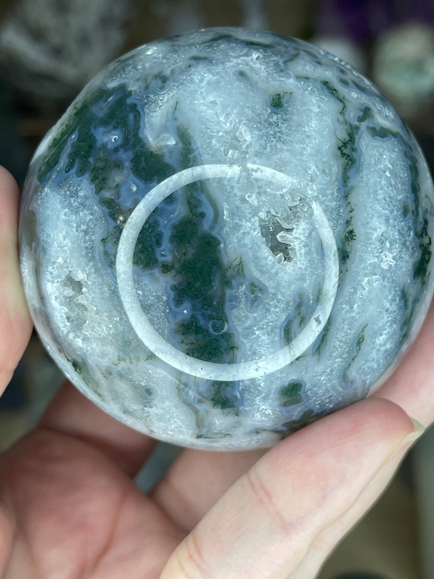 Two Twisted Souls  Crystals Moss Agate Sphere N