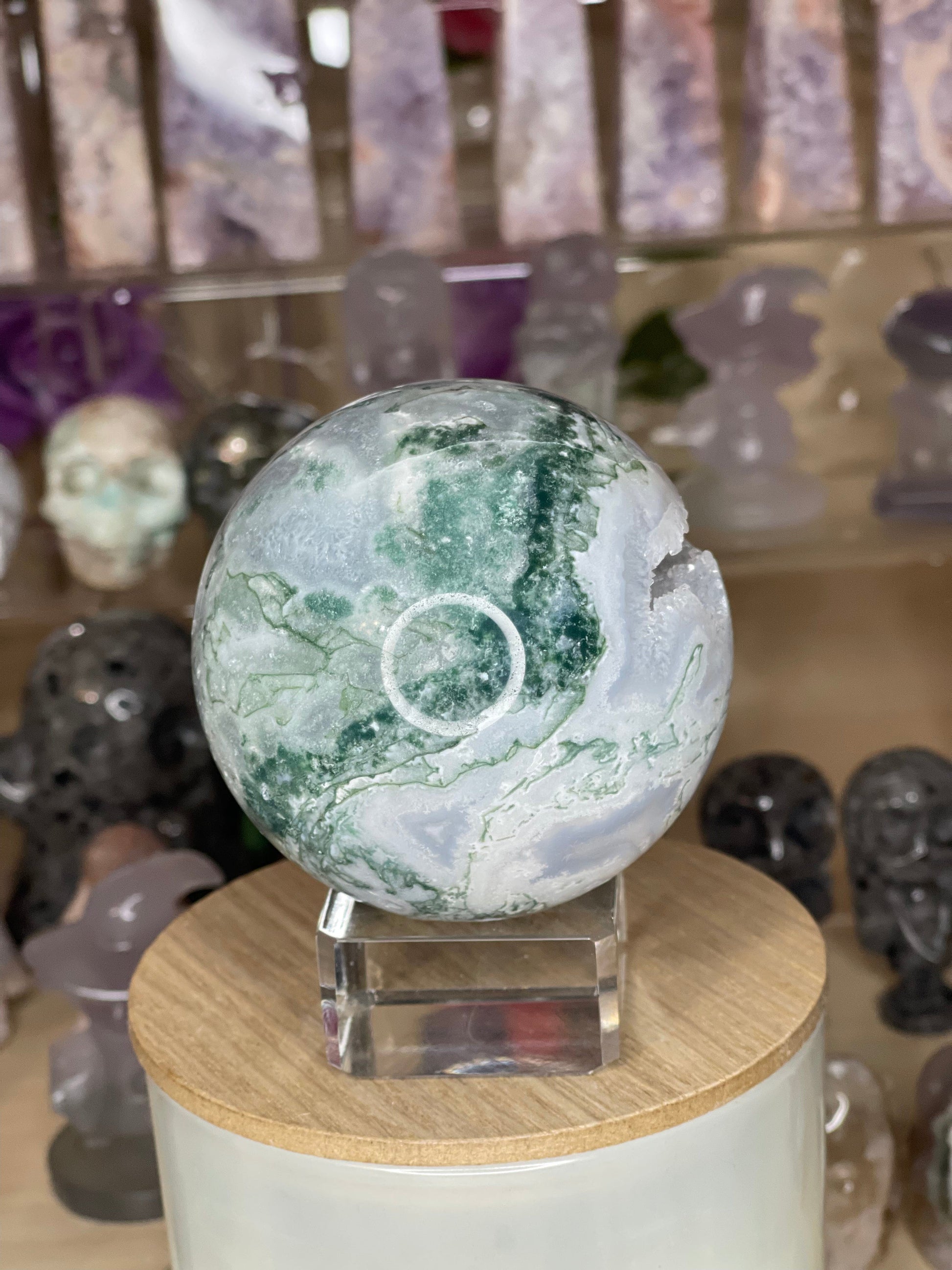 Two Twisted Souls  Crystals Moss Agate Sphere With Beautiful Druzy