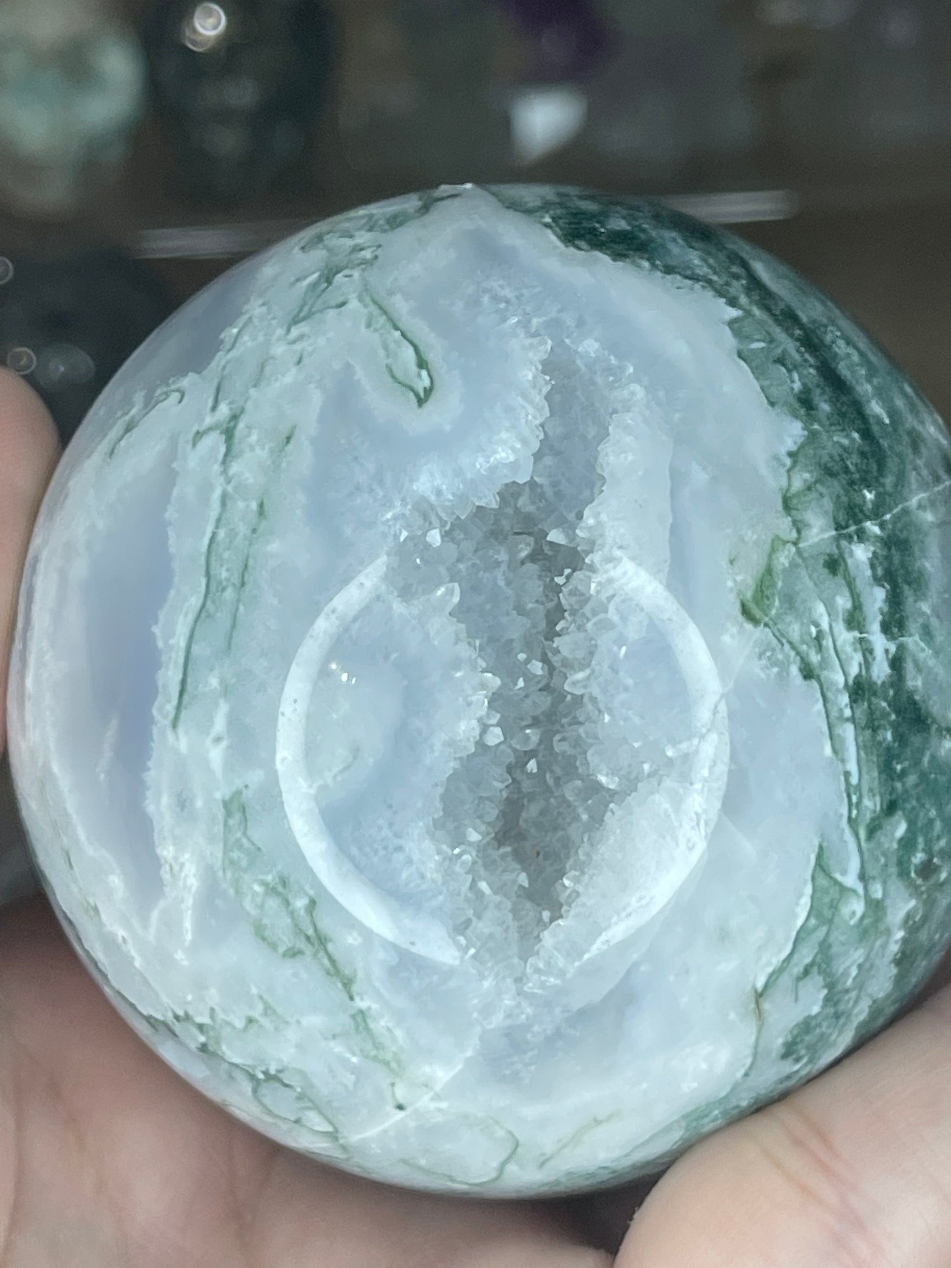 Two Twisted Souls  Crystals Moss Agate Sphere With Beautiful Druzy