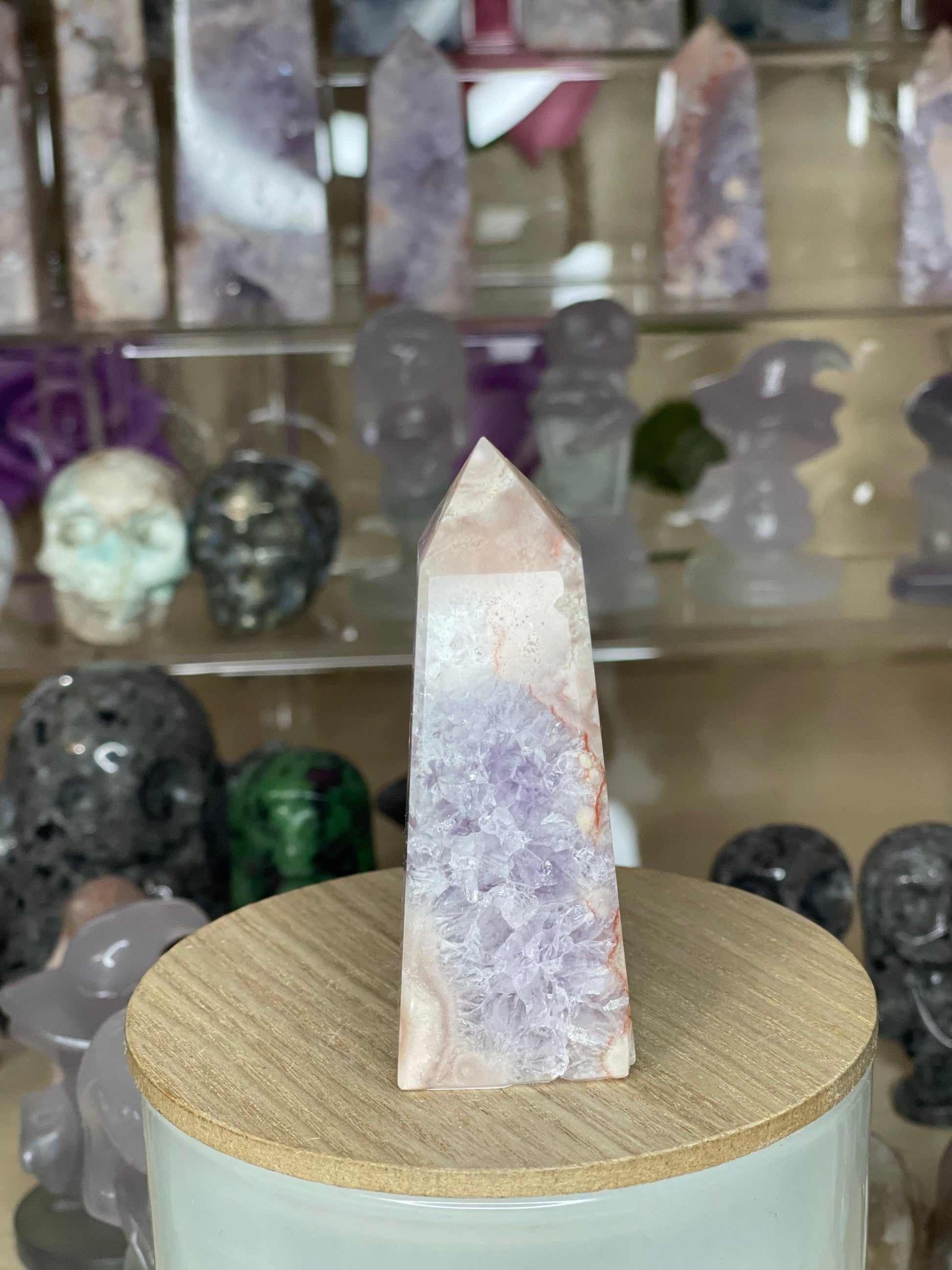 Two Twisted Souls  Crystals Pink Amethyst crystal tower AI