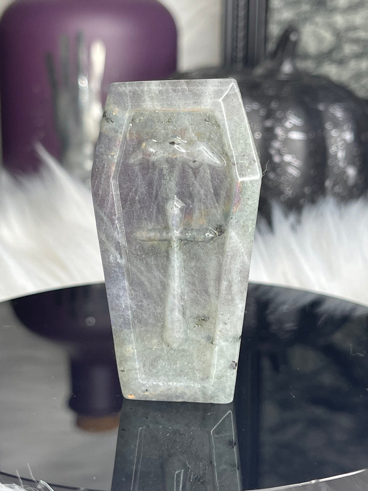 Two Twisted Souls  Crystals Purple and Pink Labradorite Coffin crystal carving