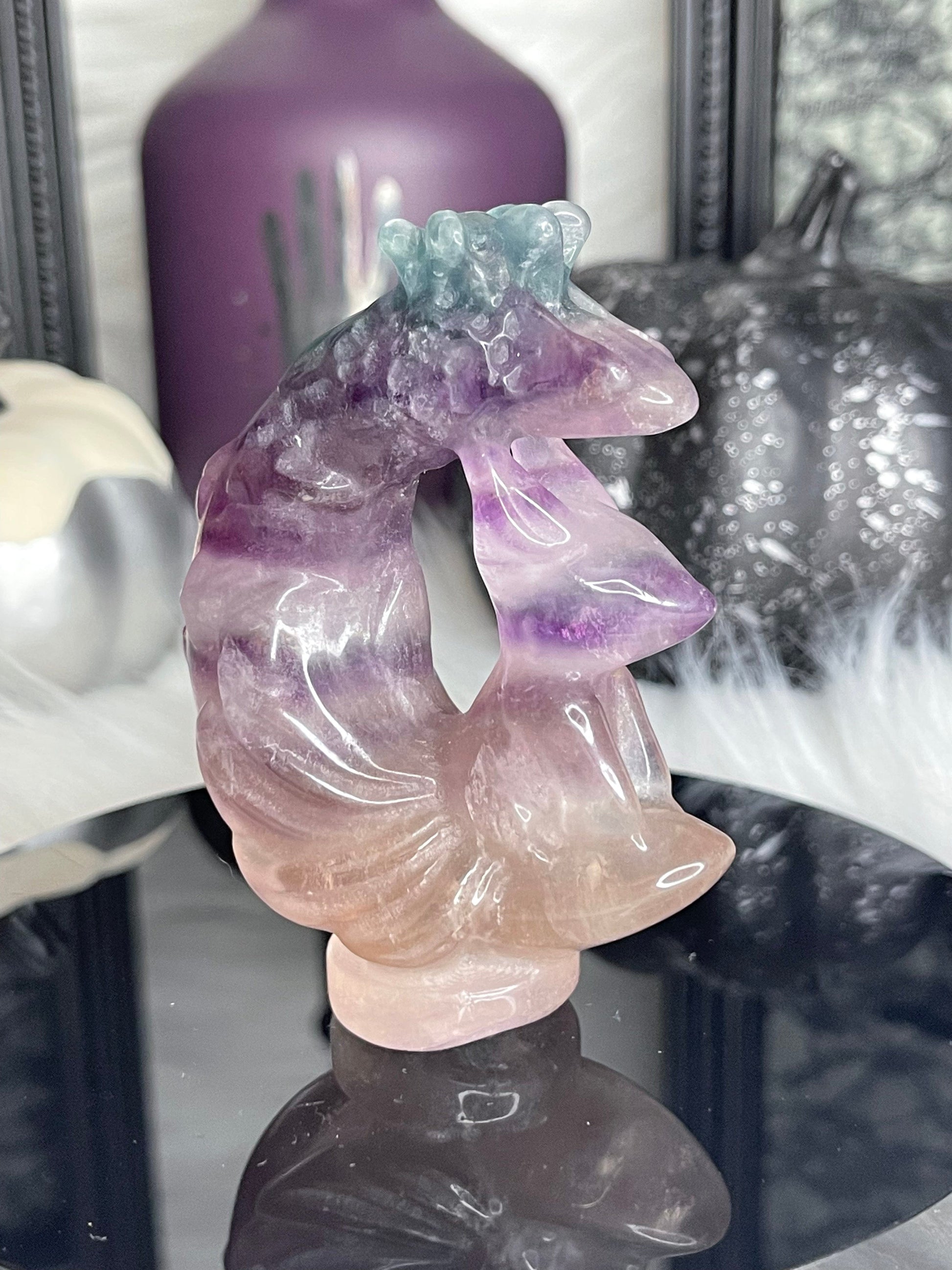 Two Twisted Souls  Crystals Rainbow Fluorite 9 Tail Fox Carving B