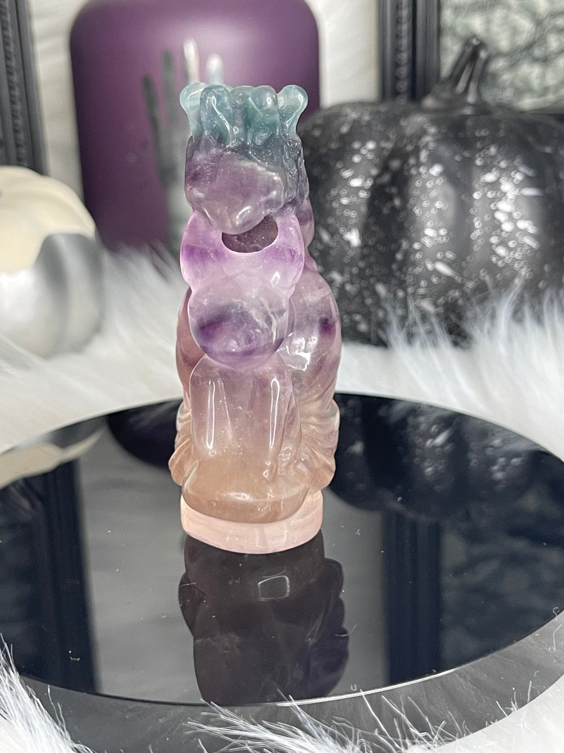 Two Twisted Souls  Crystals Rainbow Fluorite 9 Tail Fox Carving B