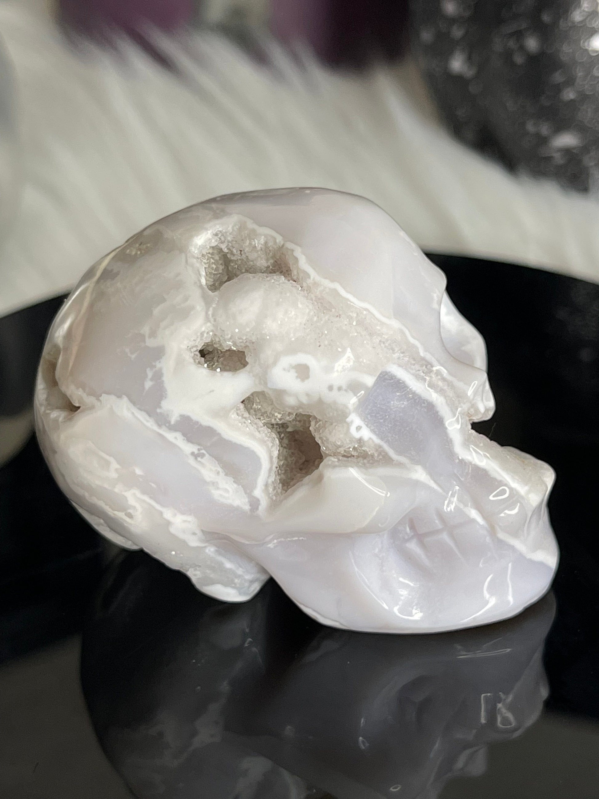 Two Twisted Souls  Crystals White Agate Druzy Skull E