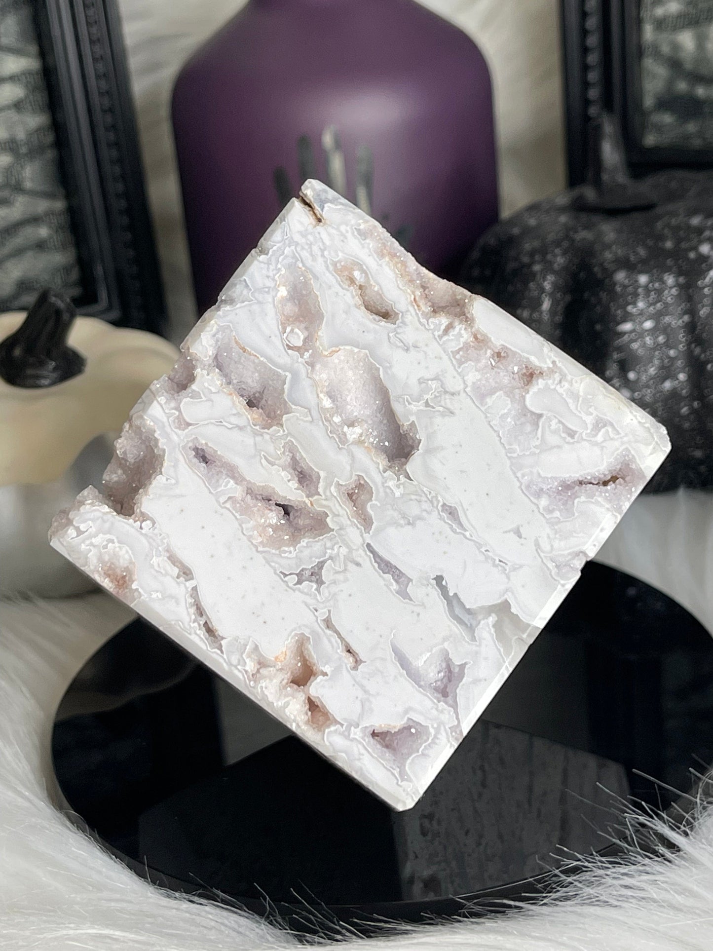 Two Twisted Souls  Crystals White Agate Floating Cube With Purple Druzy