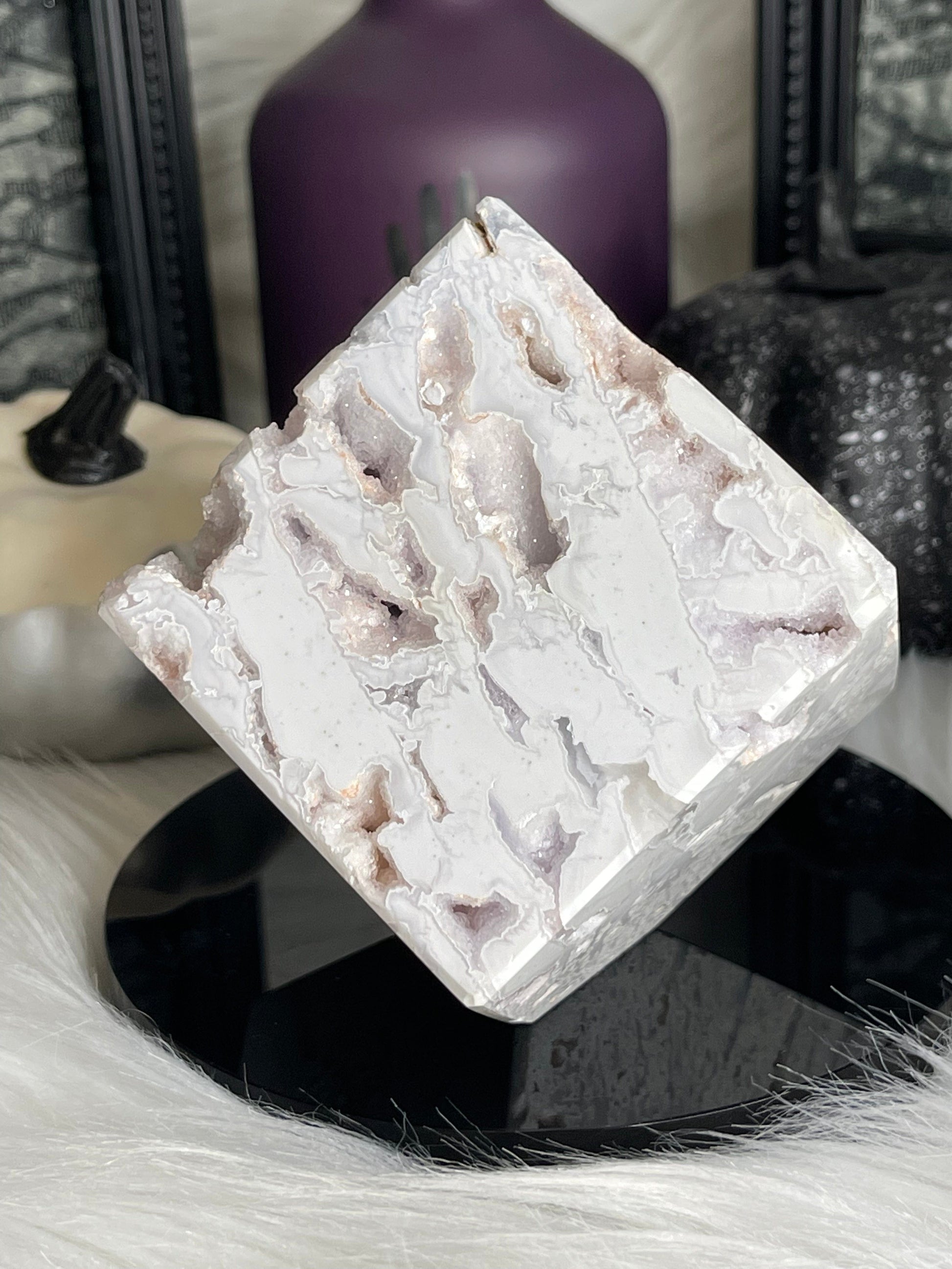 Two Twisted Souls  Crystals White Agate Floating Cube With Purple Druzy