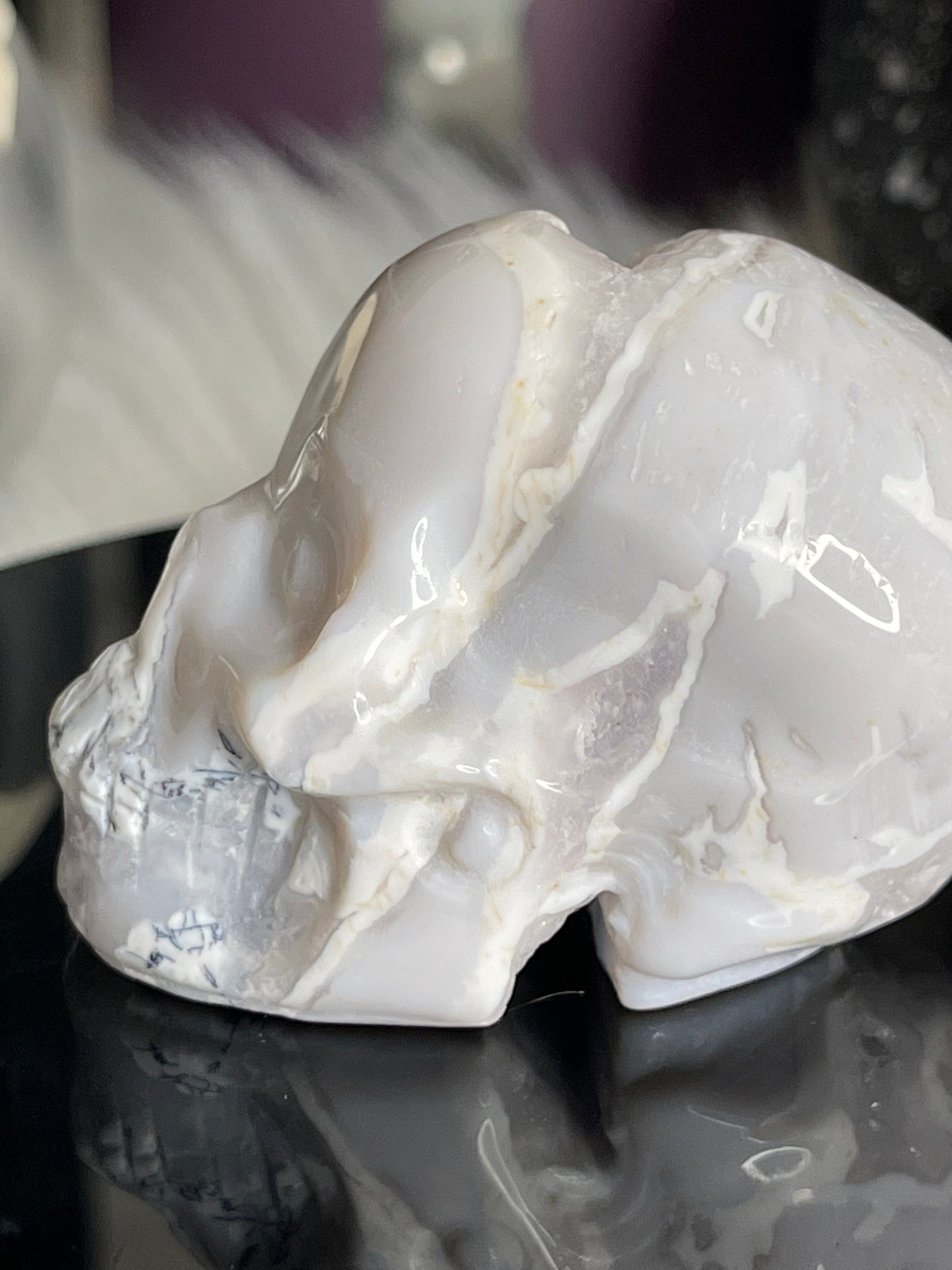 Two Twisted Souls  Crystals White Agate Skull With Dendritic F