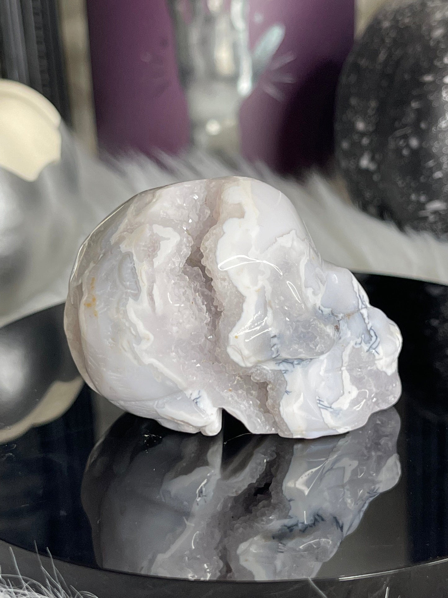 Two Twisted Souls  Crystals White Agate Skull With Dendritic F