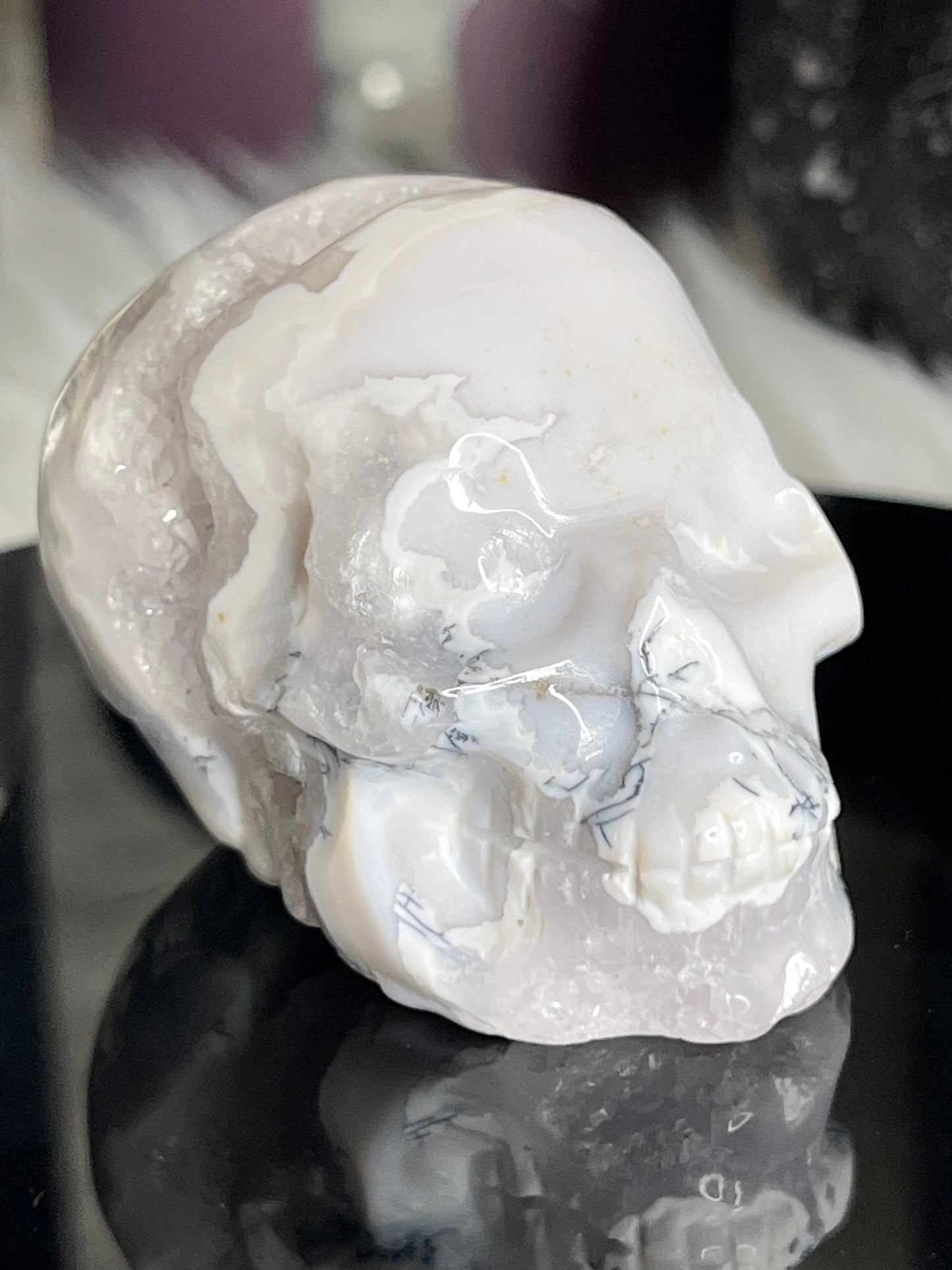 Two Twisted Souls  Crystals White Agate Skull With Dendritic F