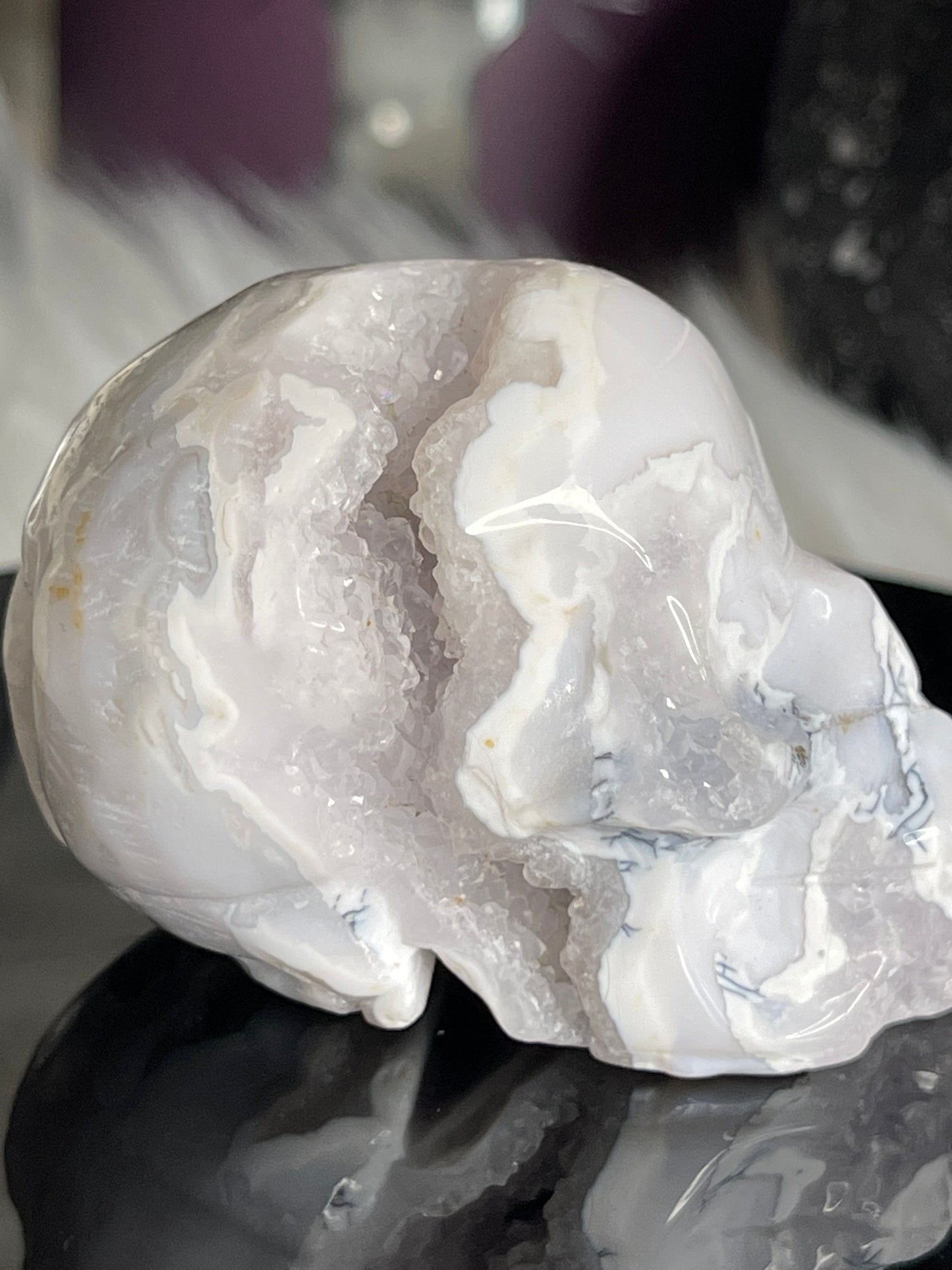 Two Twisted Souls  Crystals White Agate Skull With Dendritic F