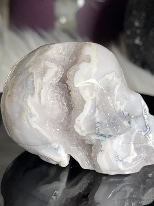 Two Twisted Souls  Crystals White Agate Skull With Dendritic F