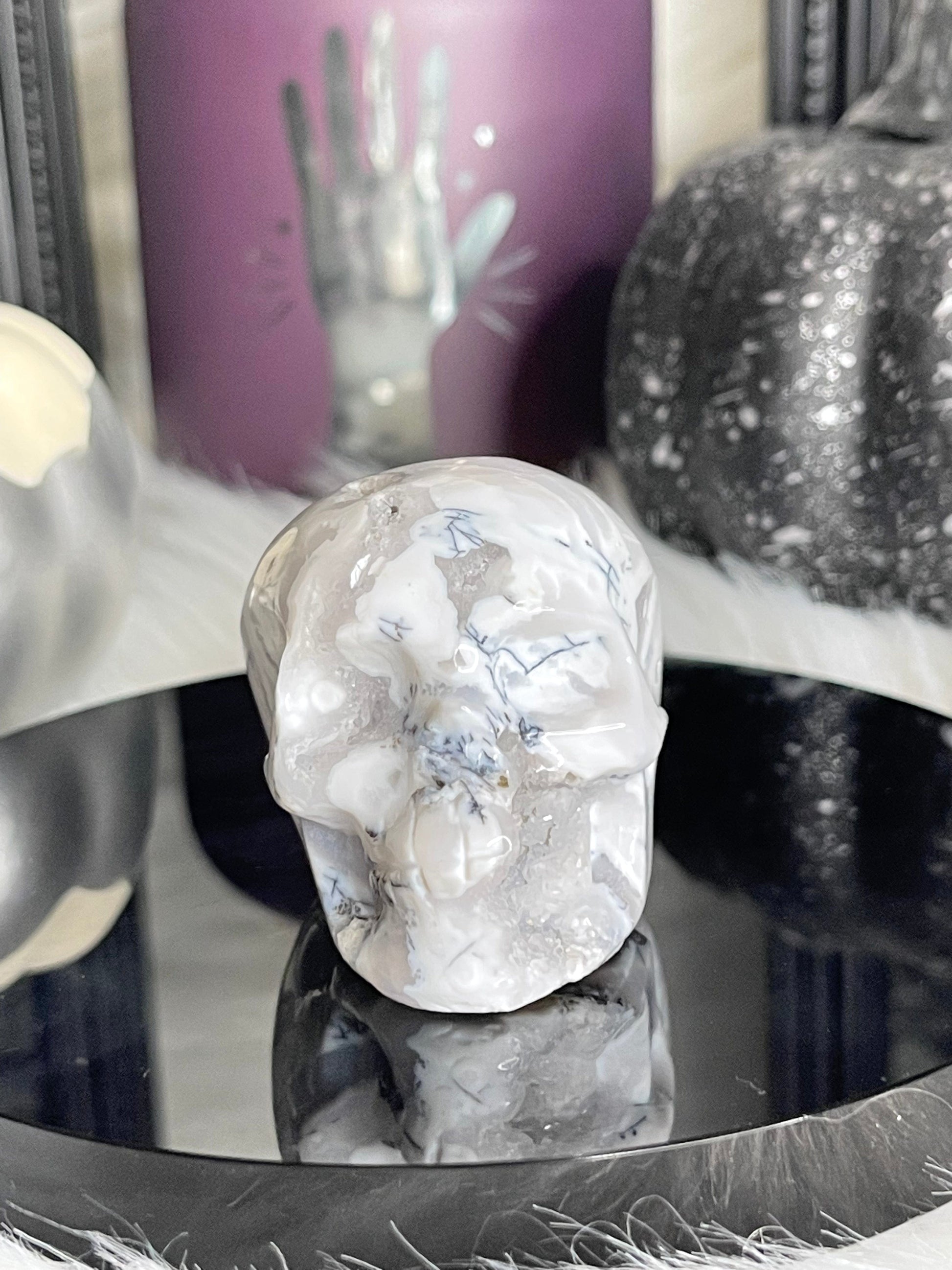 Two Twisted Souls  Crystals White Agate Skull With Dendritic I