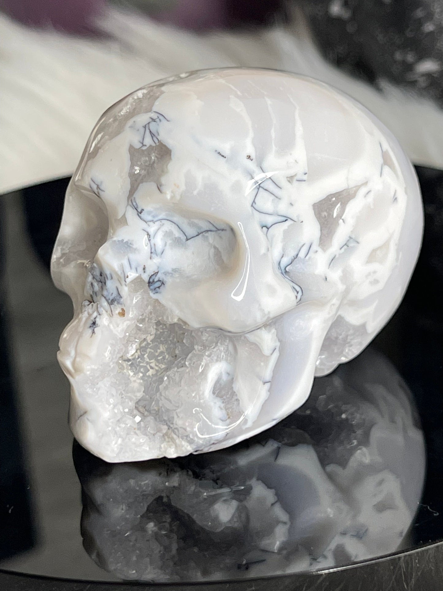 Two Twisted Souls  Crystals White Agate Skull With Dendritic I